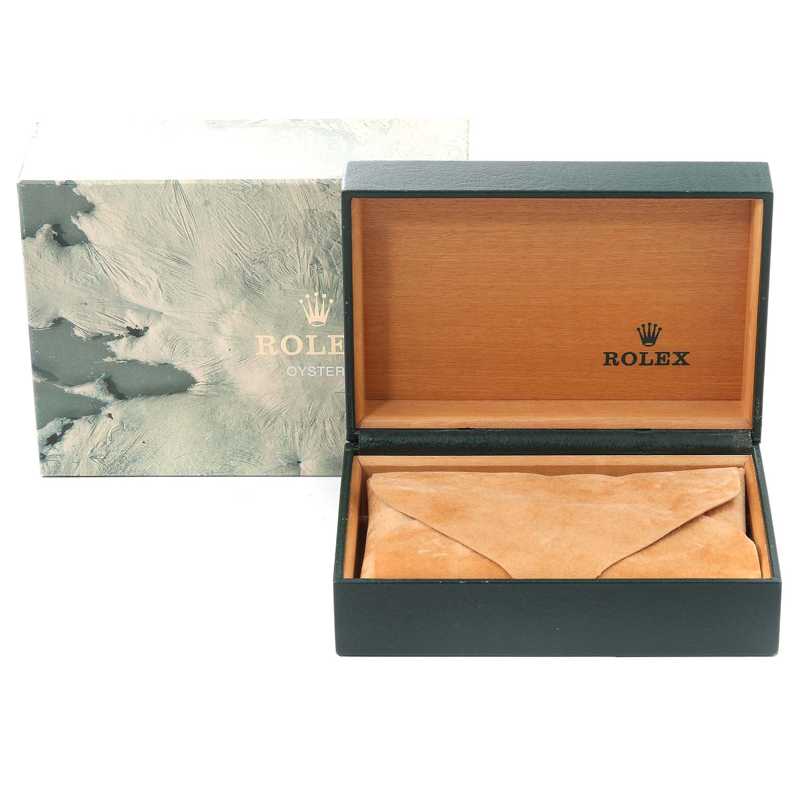 The image shows a Rolex GMT-Master 16713 Men's Steel and Gold (two tone) Champagne Dial 16713 Men's Steel and Gold (two tone) Champagne Dial watch box and packaging, including an open wooden box, outer sleeve, and a wrapped pouch inside.