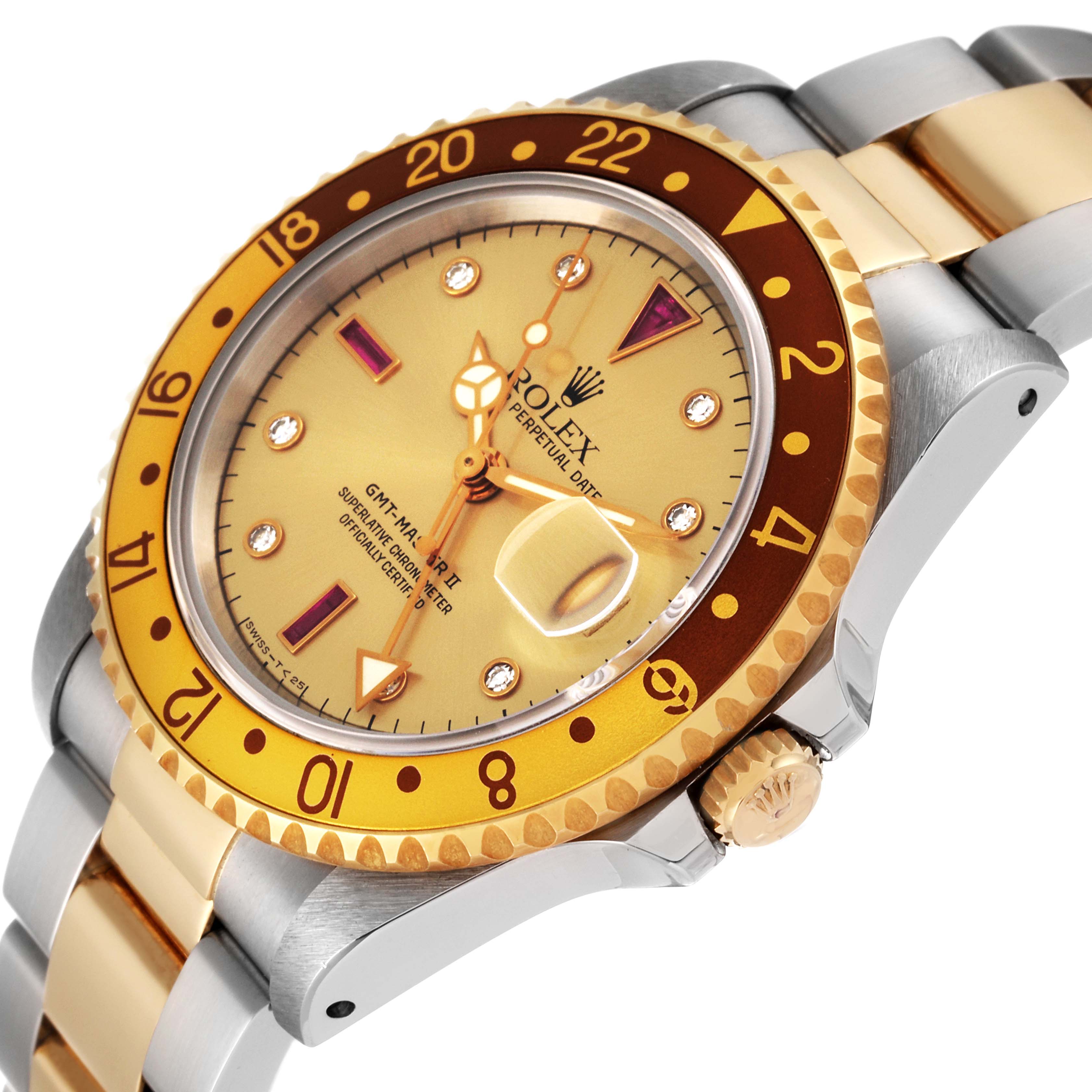 The image shows a side angle of the Rolex GMT-Master 16713 Men's Steel and Gold (two tone) Champagne Dial 16713 Men's Steel and Gold (two tone) Champagne Dial II watch, highlighting the bezel, dial, crown, and bracelet.