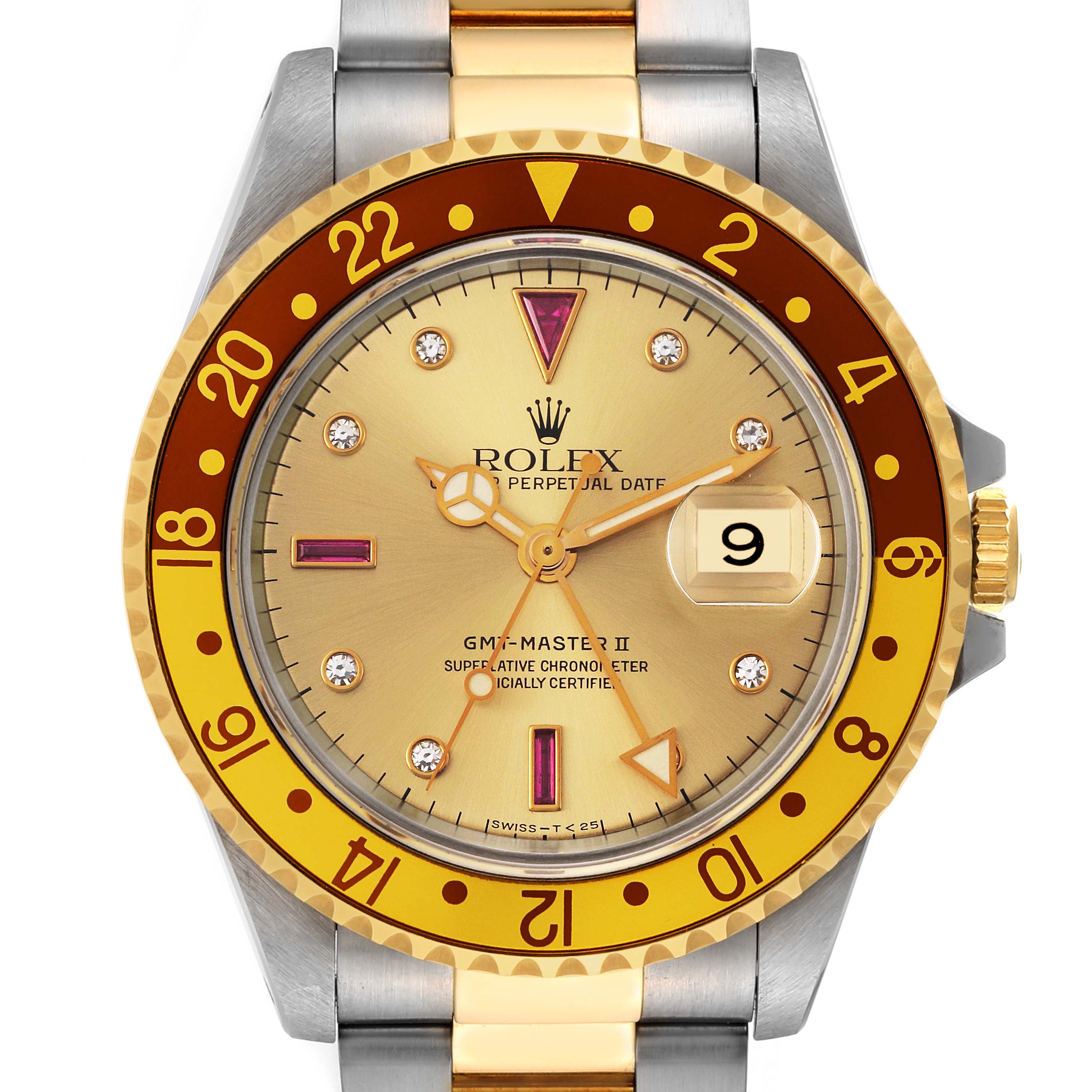 This image shows a frontal view of a Rolex GMT-Master 16713 Men's Steel and Gold (two tone) Champagne Dial 16713 Men's Steel and Gold (two tone) Champagne Dial II watch, highlighting the dial, bezel, crown, and part of the bracelet.