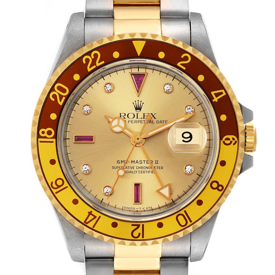 Rolex GMT Master II Root Beer Diamond Ruby Serti Dial Steel Yellow Gold Mens Watch 16713 SwissWatchExpo