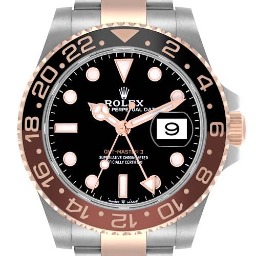 The Rolex GMT-Master II is shown from the front, displaying the dial, bezel, hands, and part of the bracelet.