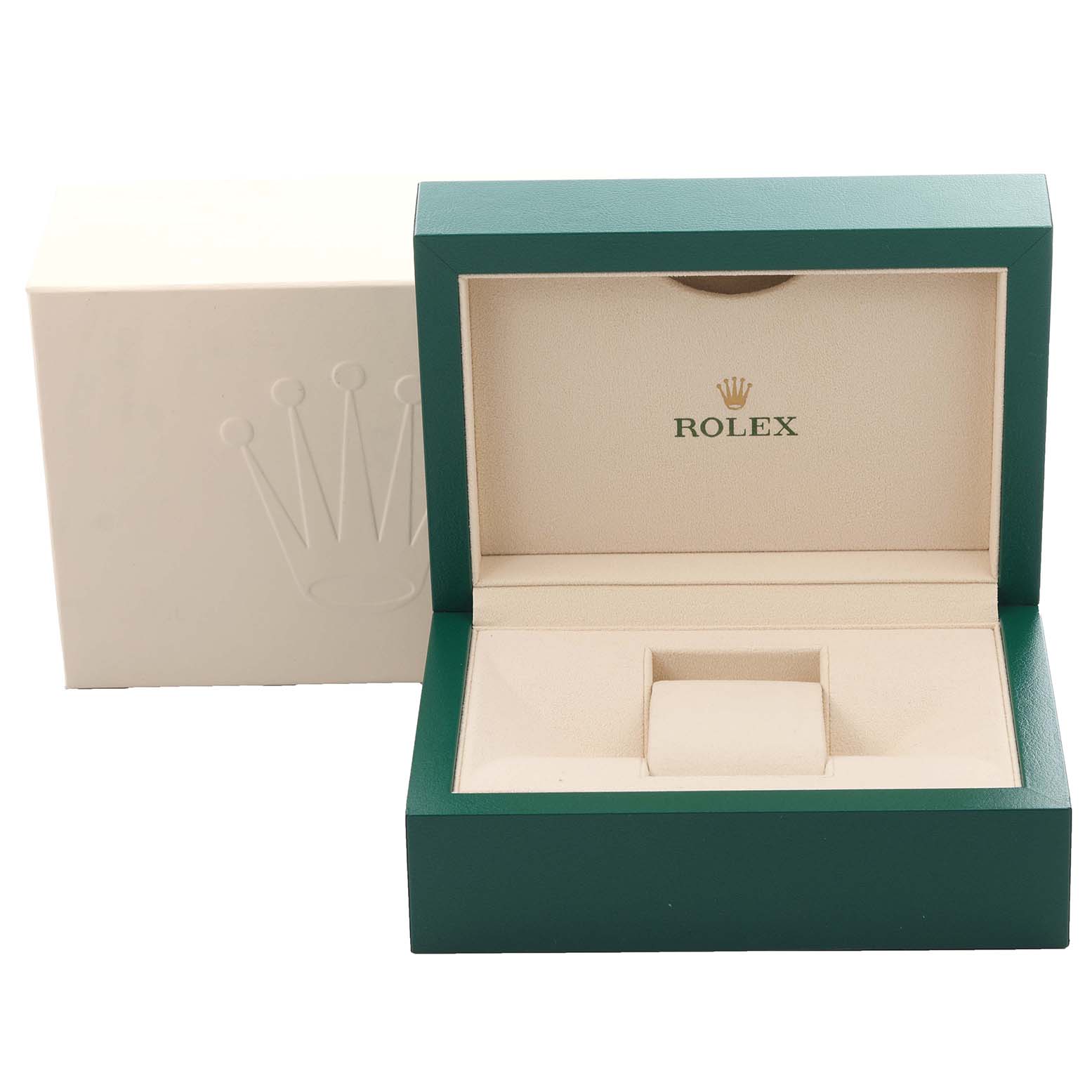 The image shows an open Rolex GMT-Master 126711CHNR Men's Steel and Gold (two tone) Black Dial 126711CHNR Men's Steel and Gold (two tone) Black Dial presentation box at a straight angle, revealing the beige interior.