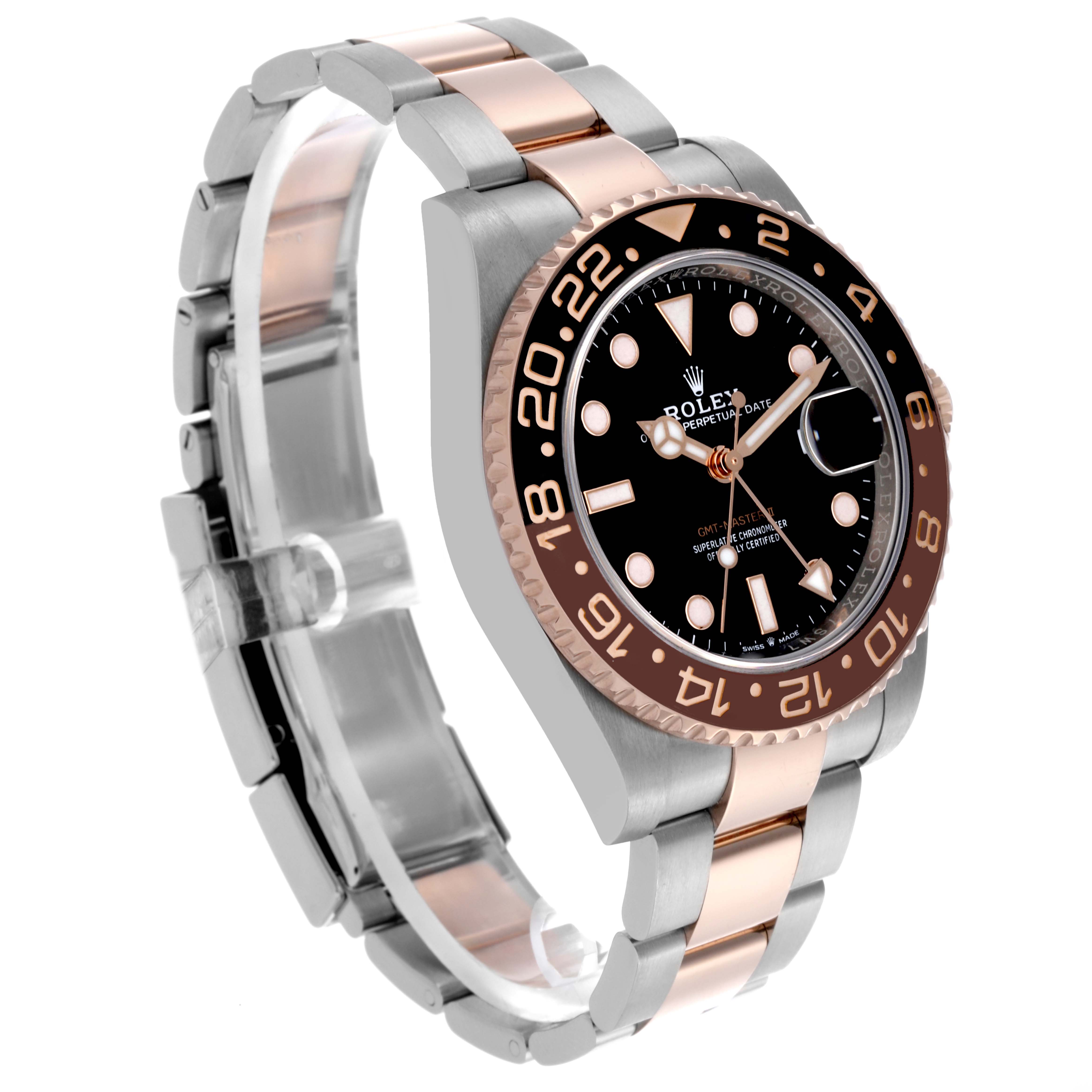 The Rolex GMT-Master 126711CHNR Men's Steel and Gold (two tone) Black Dial 126711CHNR Men's Steel and Gold (two tone) Black Dial watch is shown at a three-quarter angle, highlighting the face, bezel, and bracelet.