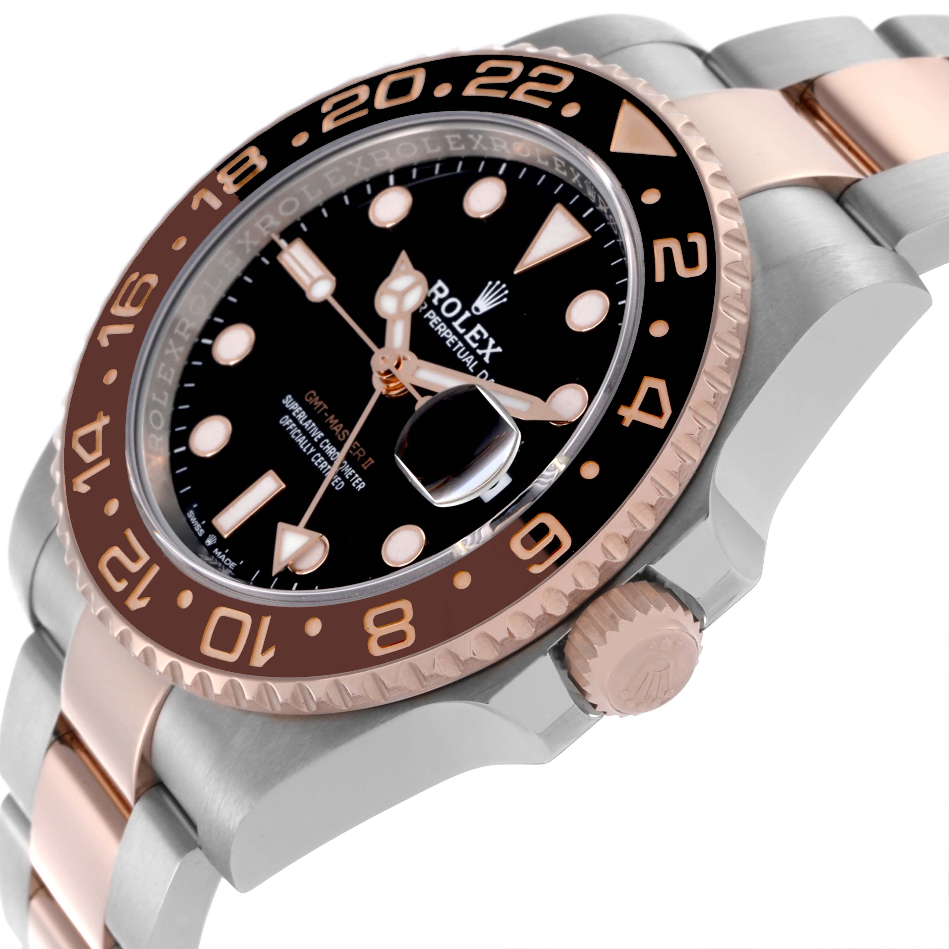 The Rolex GMT-Master 126711CHNR Men's Steel and Gold (two tone) Black Dial 126711CHNR Men's Steel and Gold (two tone) Black Dial watch is shown at an angle highlighting the face, bezel, and crown with a two-tone metal bracelet.