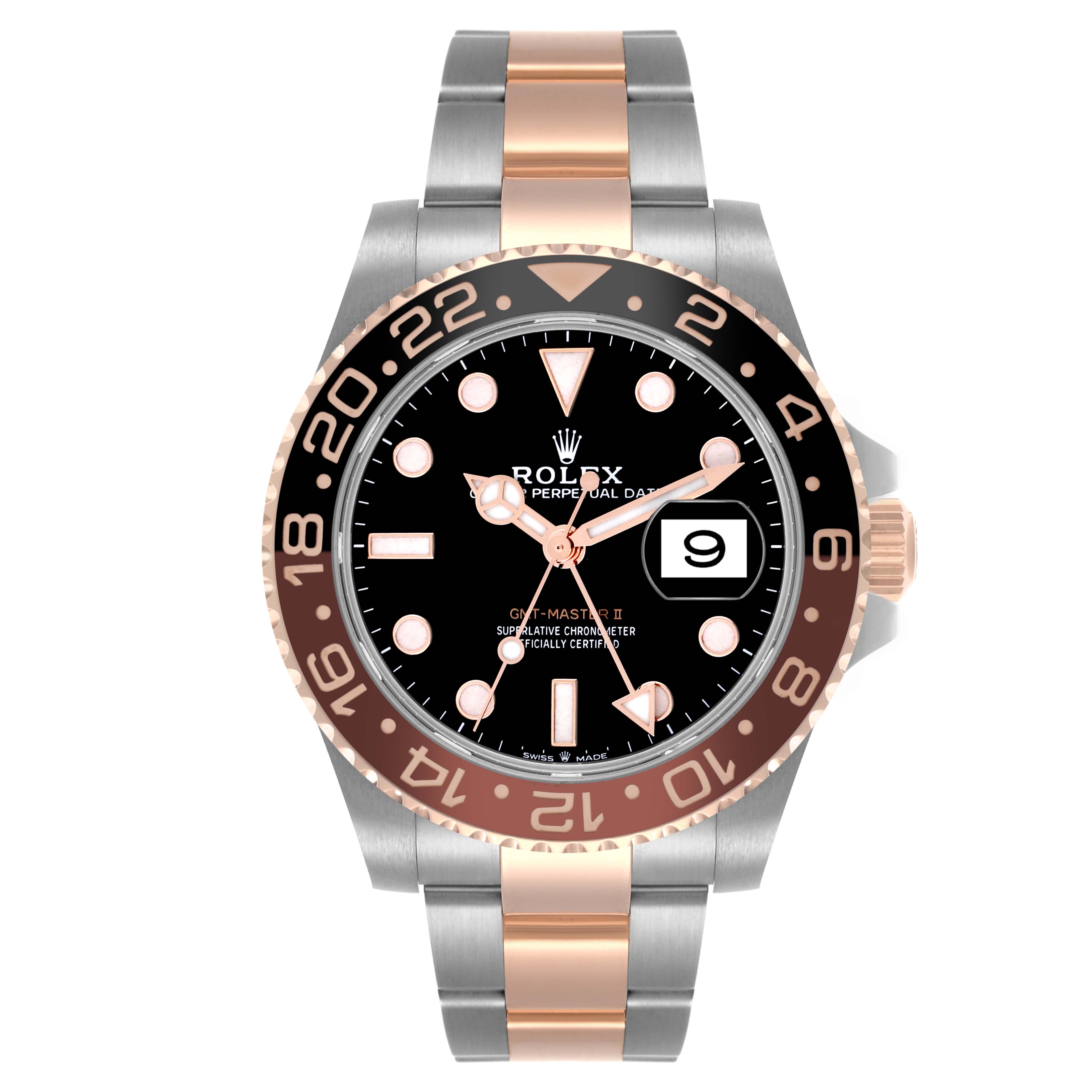The Rolex GMT-Master 126711CHNR Men's Steel and Gold (two tone) Black Dial 126711CHNR Men's Steel and Gold (two tone) Black Dial watch is shown from the front, displaying the dial, hands, bezel, and bracelet.