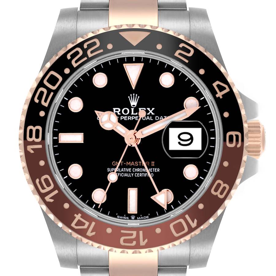 The Rolex GMT-Master watch is shown from a front view, highlighting the dial, bezel, hands, and date window.