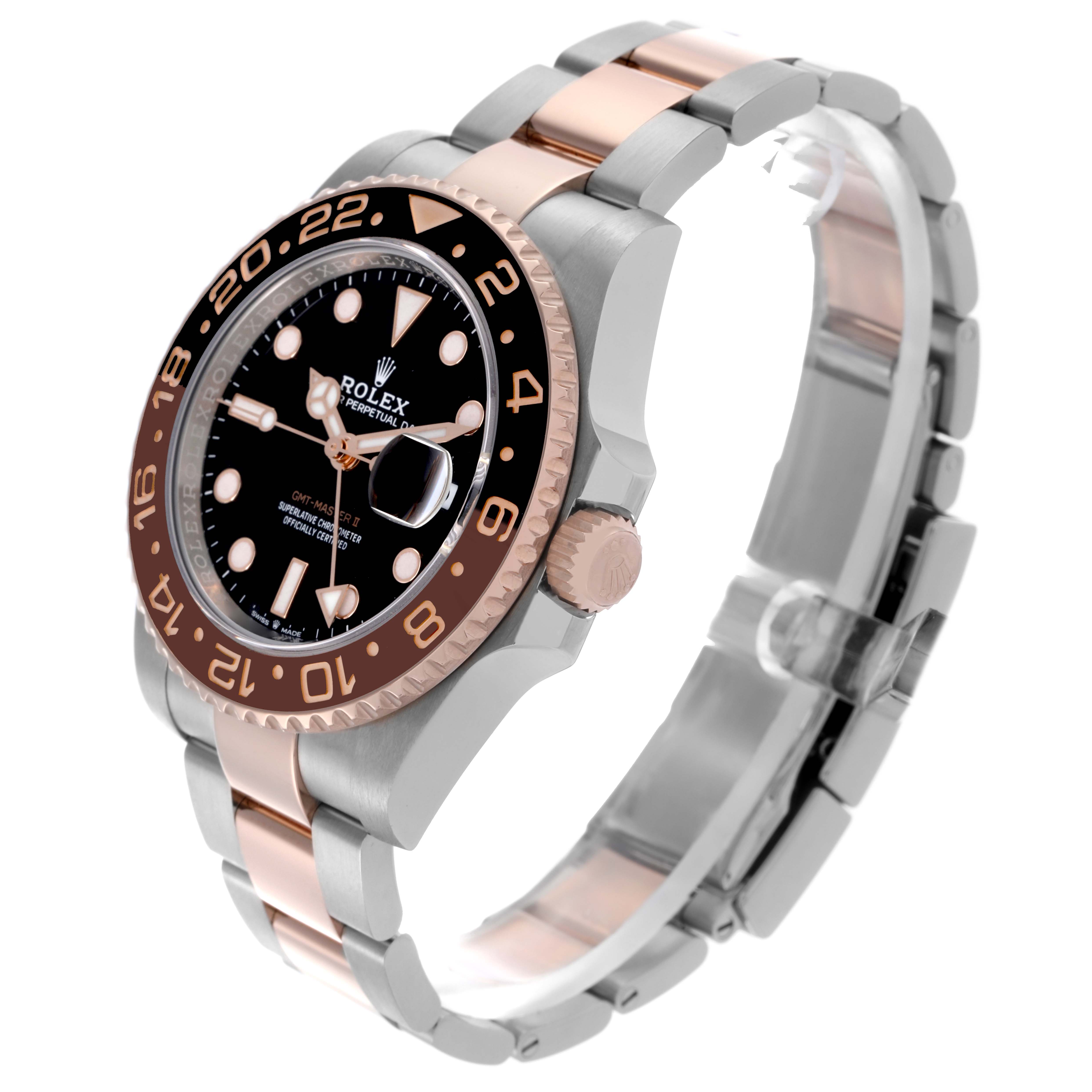 The Rolex GMT-Master 126711CHNR Men's Steel and Gold (two tone) Black Dial 126711CHNR Men's Steel and Gold (two tone) Black Dial watch is shown at a slight angle, highlighting the bezel, crown, bracelet, and part of the face.