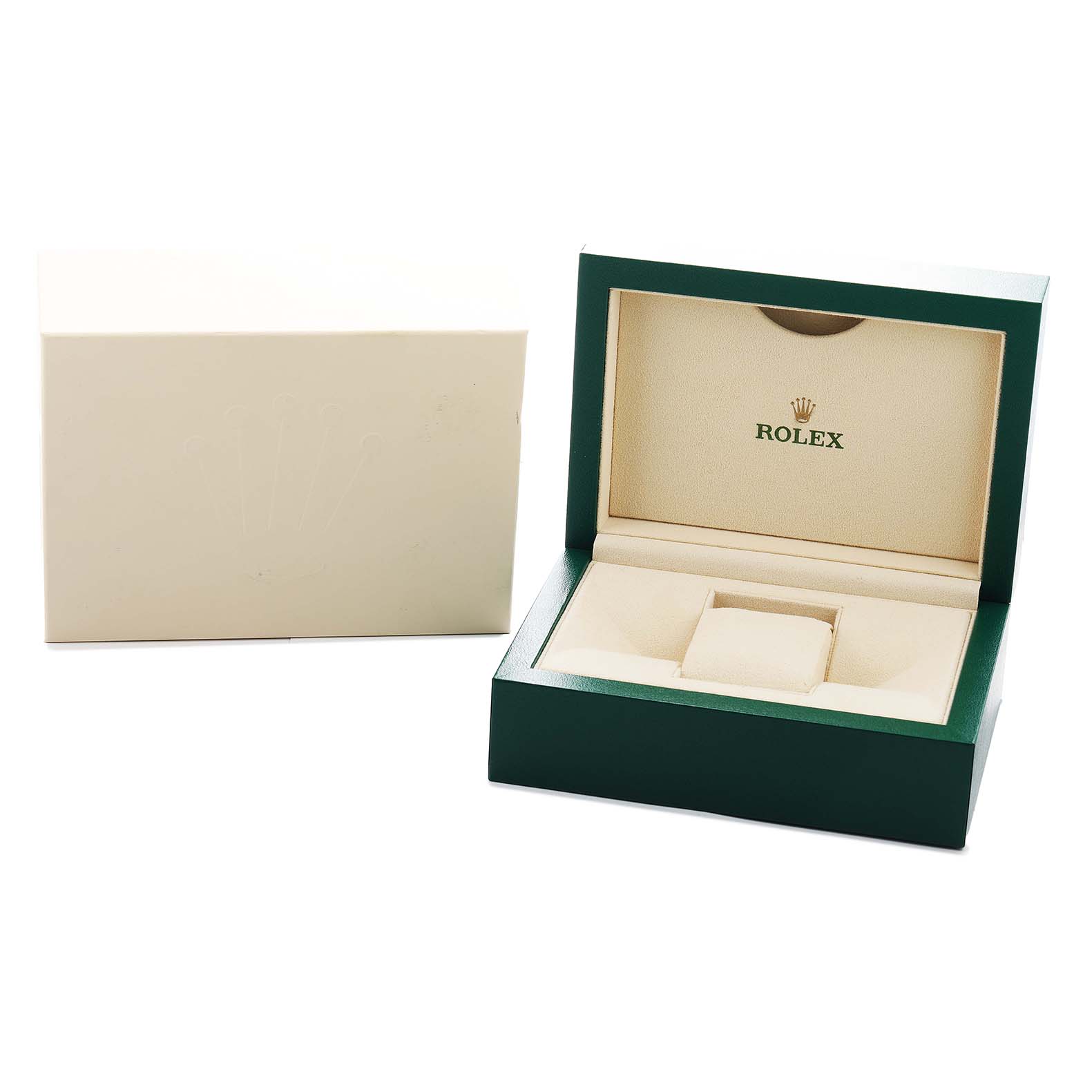 The image shows an open Rolex GMT-Master 126710BLNR Men's Stainless Steel Black Dial watch box with a green exterior and beige interior, alongside its outer box.