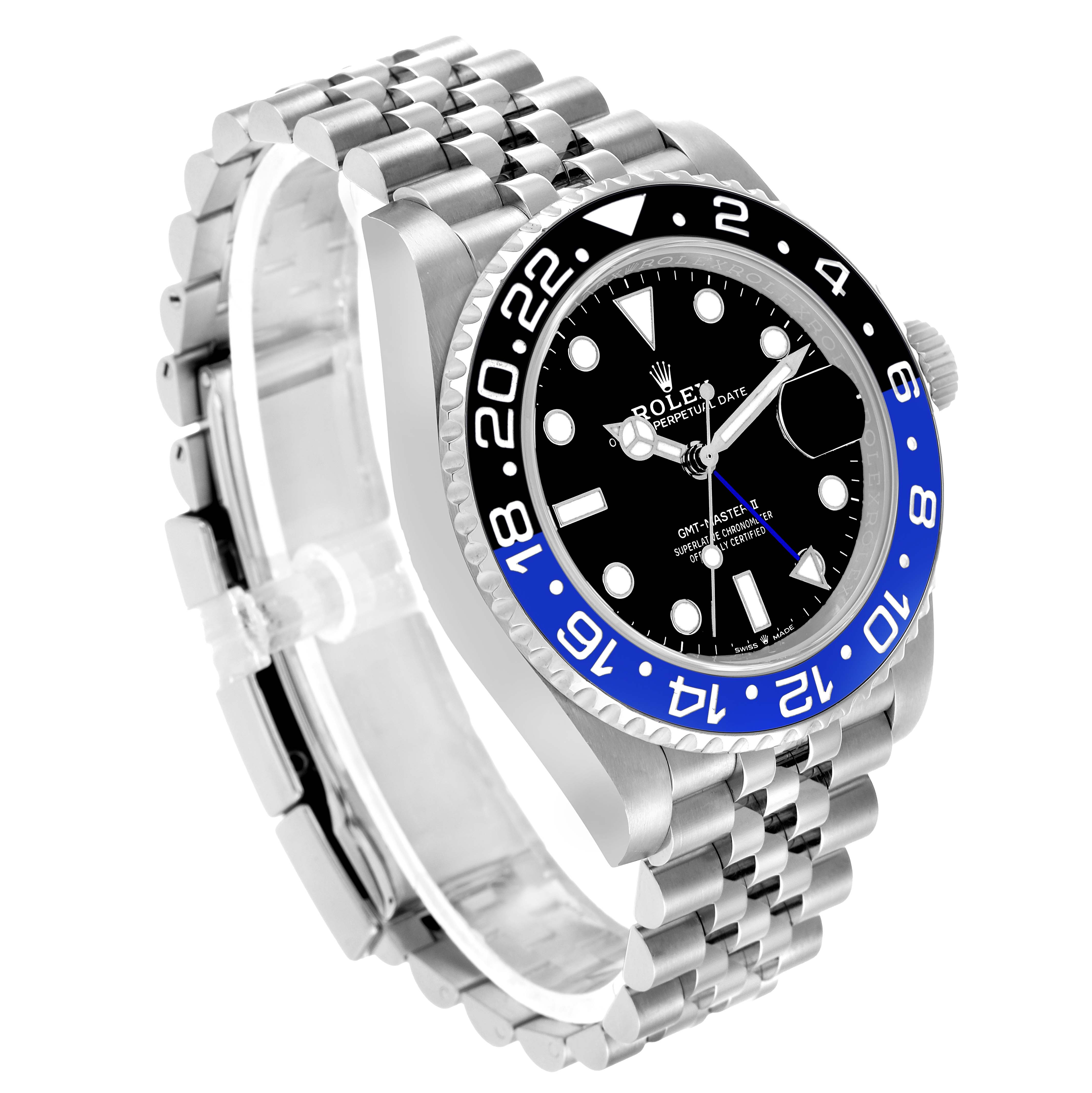 The Rolex GMT-Master 126710BLNR Men's Stainless Steel Black Dial watch is shown at a three-quarter angle, highlighting the bezel, face, and bracelet.