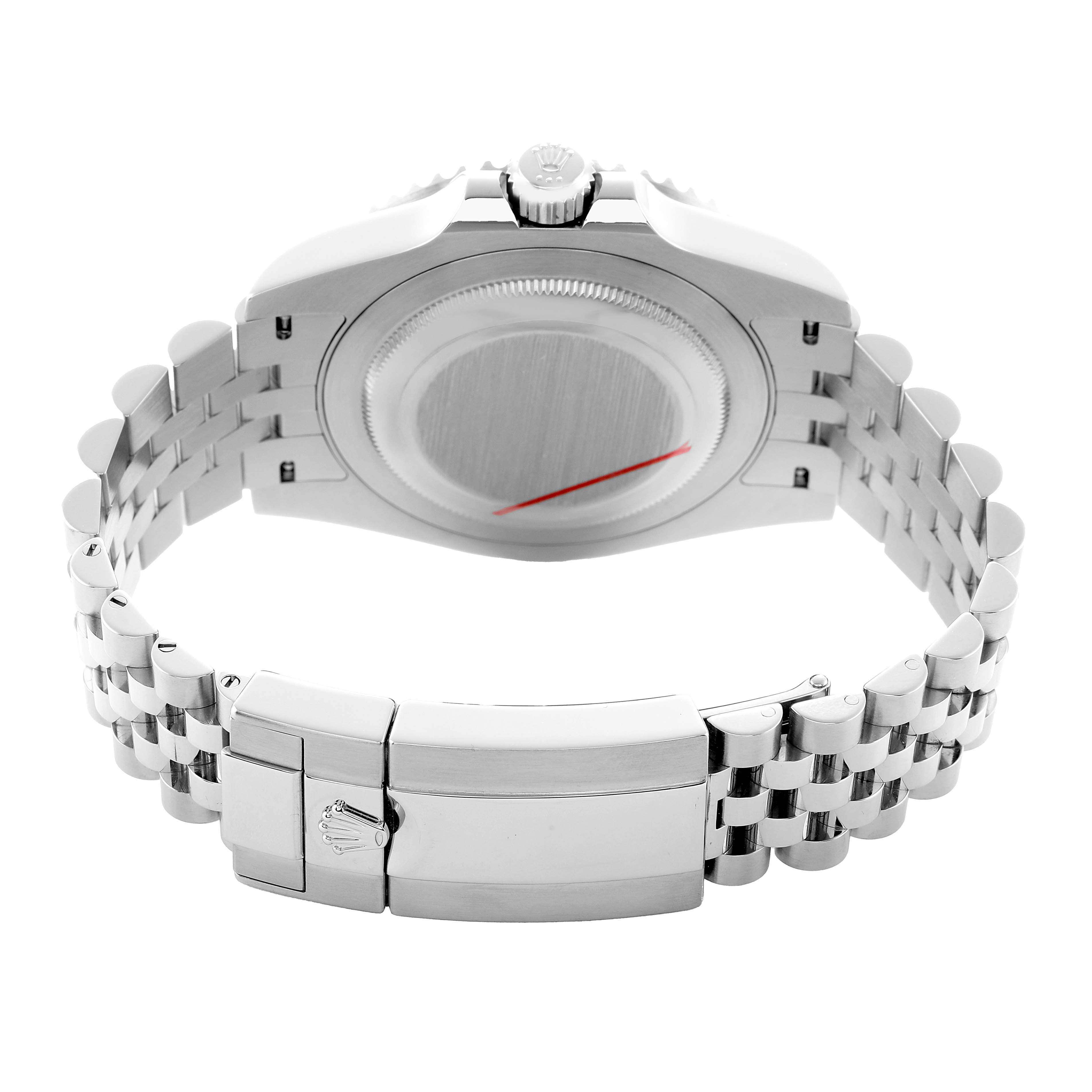 The Rolex GMT-Master 126710BLNR Men's Stainless Steel Black Dial model is shown from the back, highlighting the clasp and bracelet.
