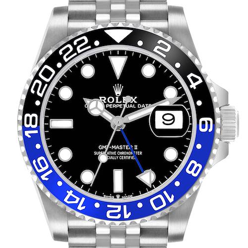 The image shows a frontal view of the Rolex GMT-Master 126710BLNR Men's Stainless Steel Black Dial II, highlighting the bezel, dial, and partial bracelet.