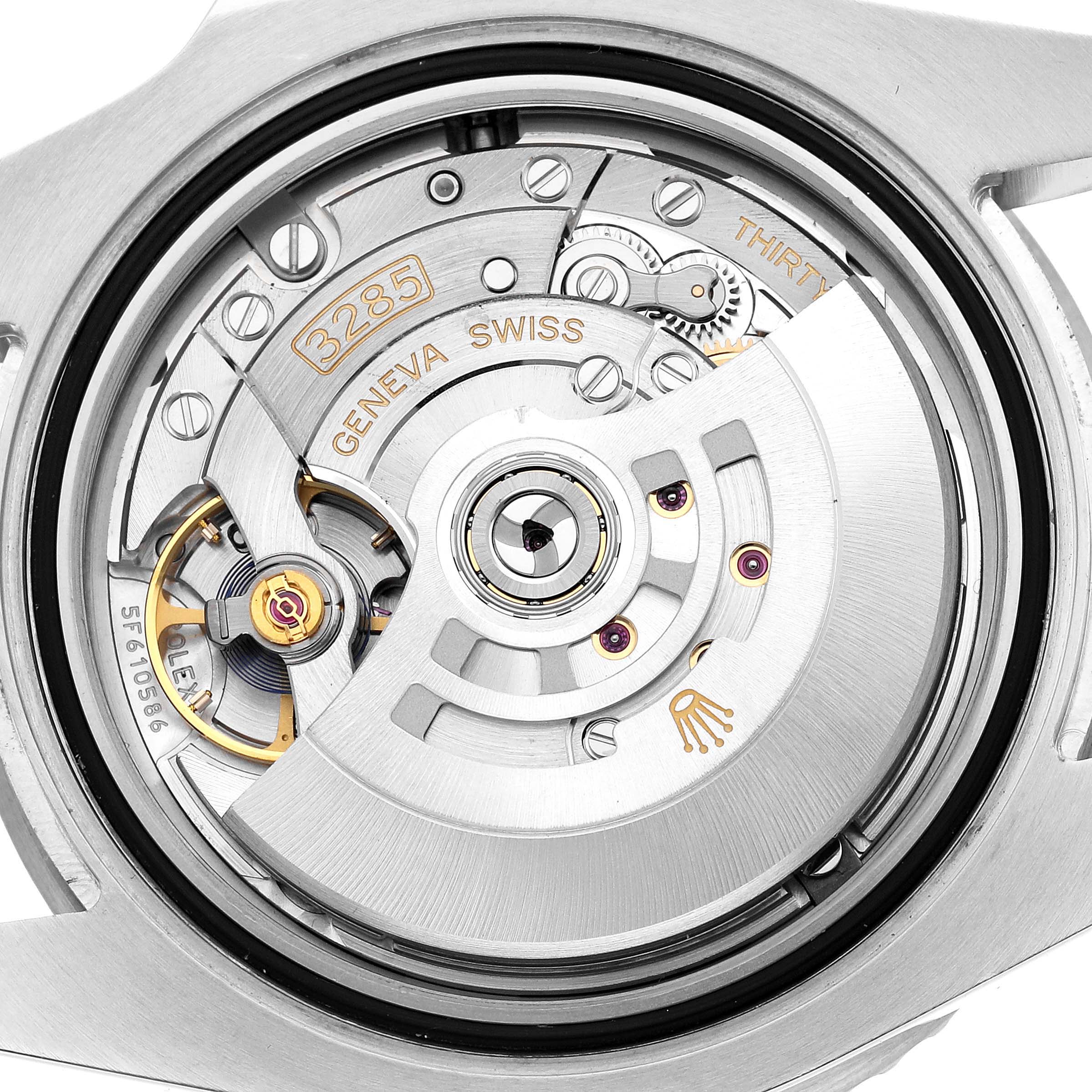 The image shows the movement of a Rolex GMT-Master 126710BLNR Men's Stainless Steel Black Dial, featuring the intricate mechanics of its caliber from a back angle.
