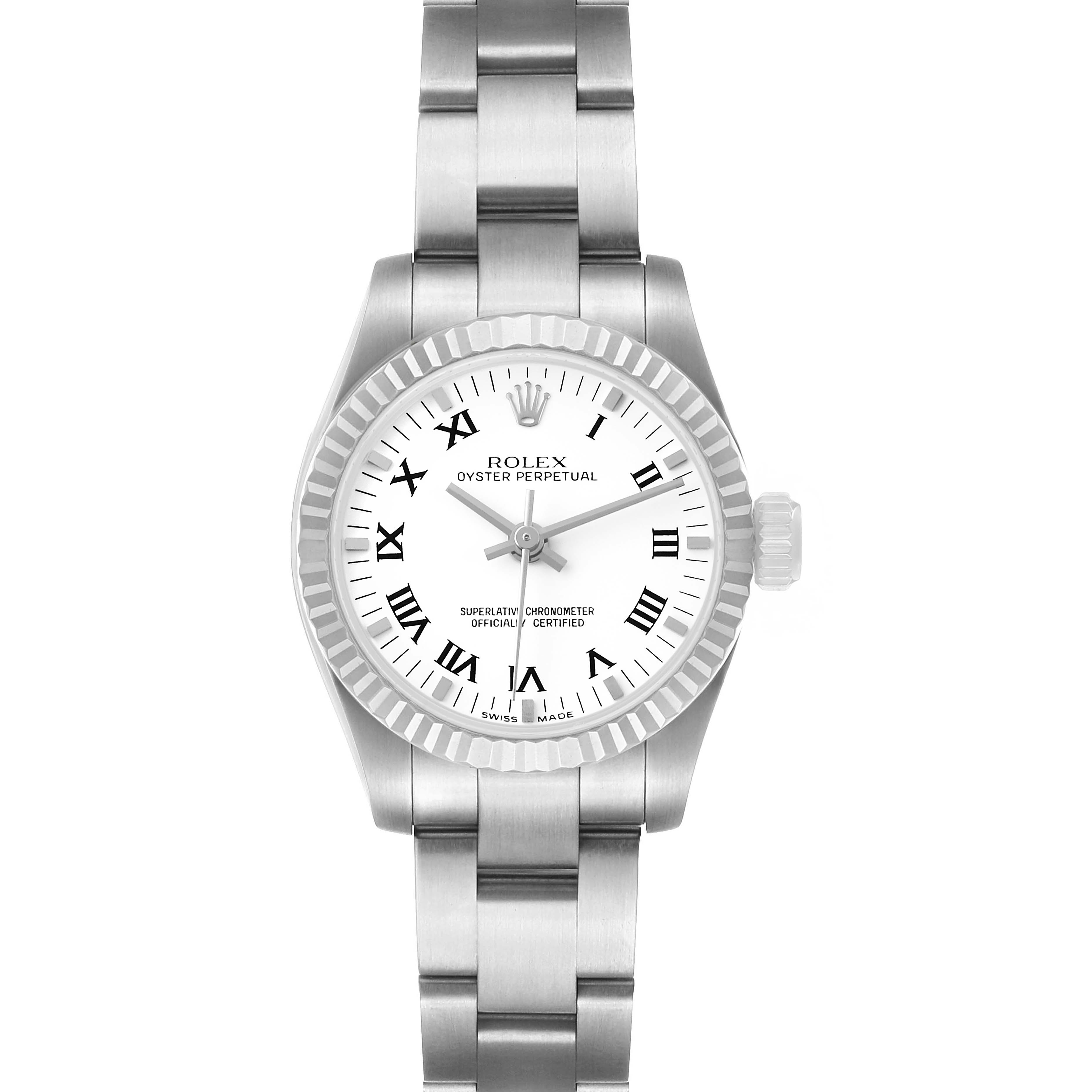 The Rolex Oyster Perpetual 176234 Women's Stainless Steel White Dial watch is shown from the front, displaying the dial, bezel, bracelet, and crown prominently.