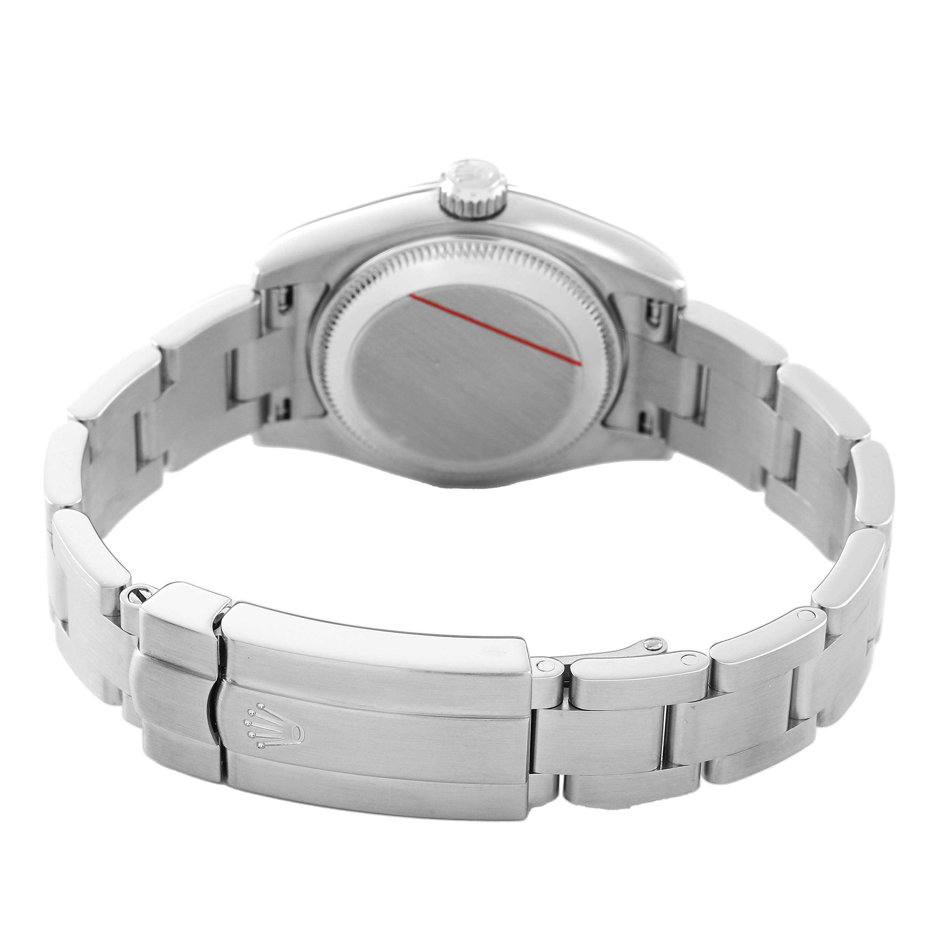 The image shows the back and bracelet of a Rolex Oyster Perpetual 176234 Women's Stainless Steel White Dial watch, focusing on the case back and clasp with the Rolex logo.