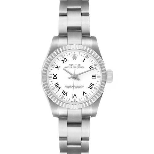 The Rolex Oyster Perpetual 176234 Women's Stainless Steel White Dial watch is shown from the front, highlighting the face, bezel, and stainless steel bracelet.