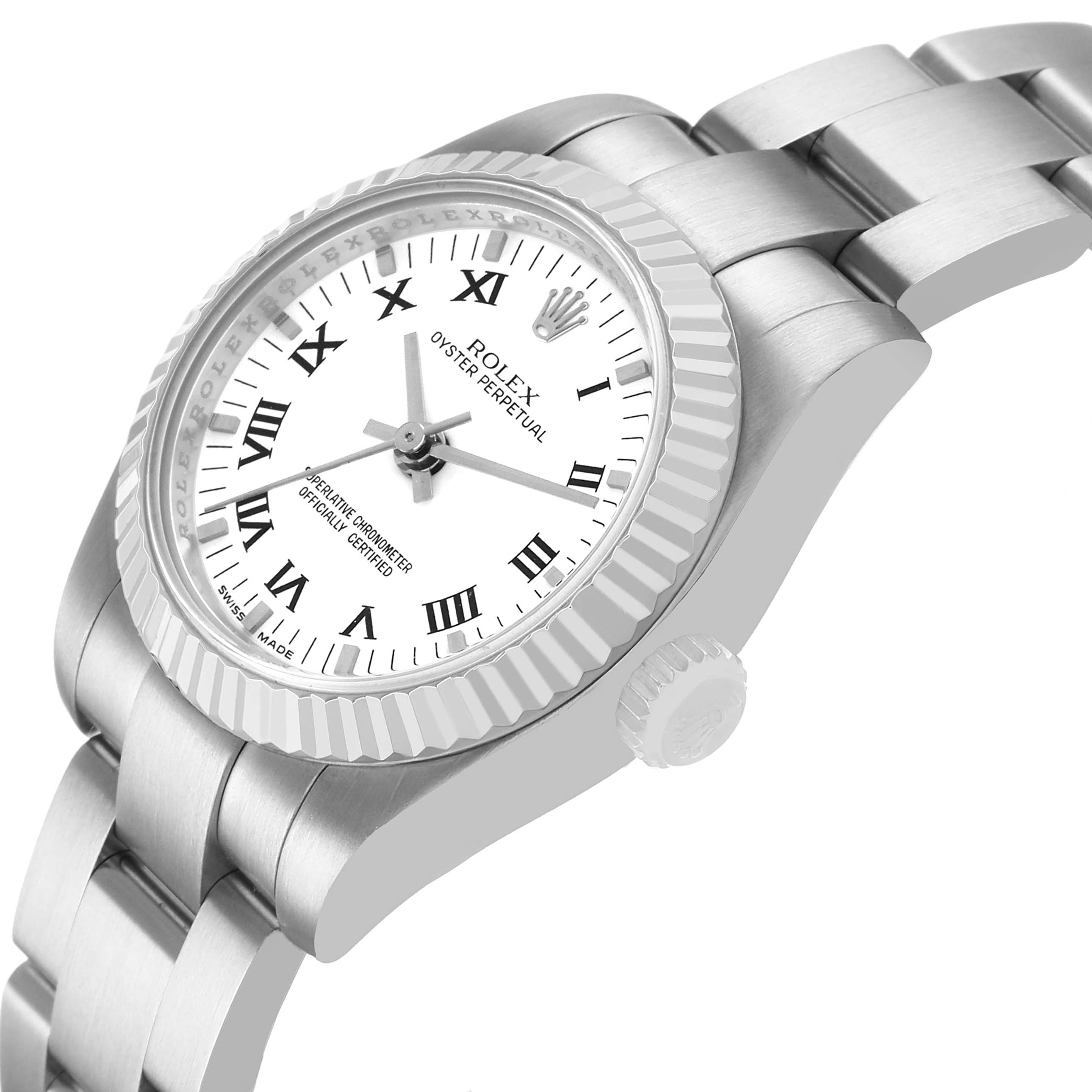 The Rolex Oyster Perpetual 176234 Women's Stainless Steel White Dial watch is shown at an angled side view, highlighting the bezel, crown, and part of the bracelet.