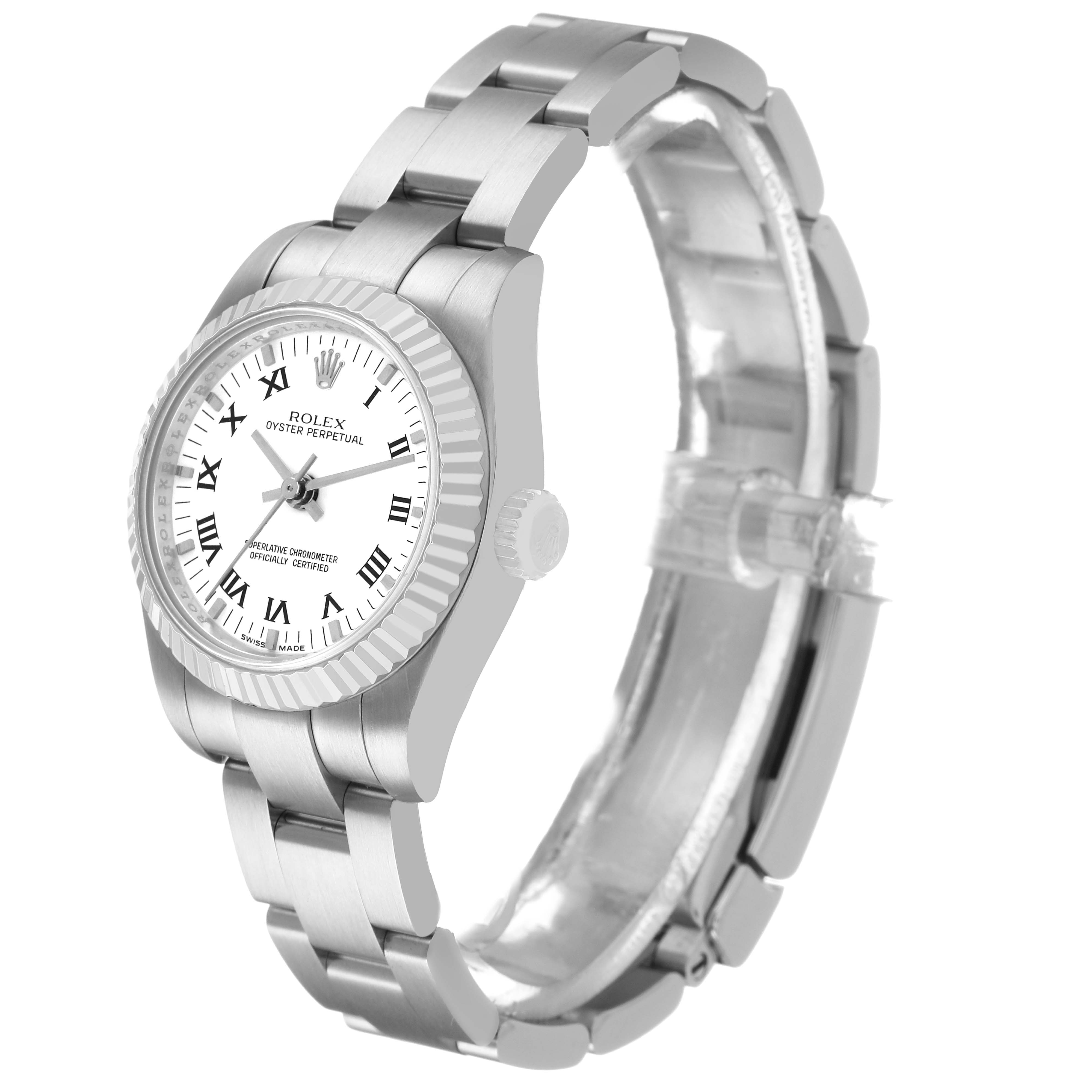 The Rolex Oyster Perpetual 176234 Women's Stainless Steel White Dial watch is shown at a three-quarter angle, displaying the face, bracelet, and side crown.