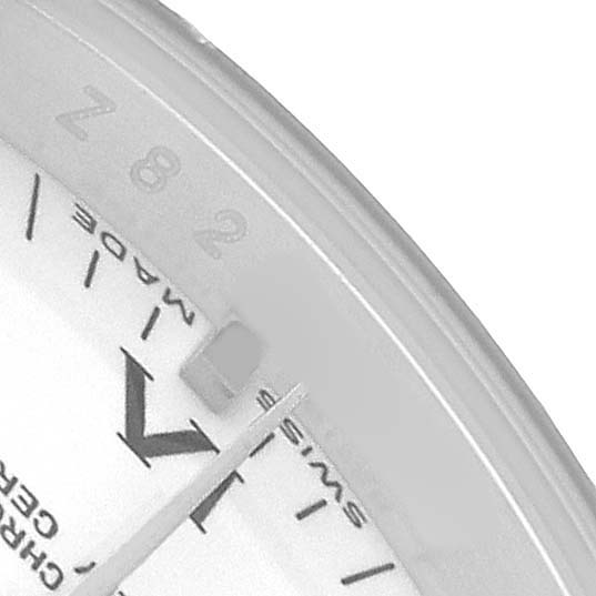 The image shows a close-up of the Rolex Oyster Perpetual 176234 Women's Stainless Steel White Dial watch's dial, focusing on the hands and part of the face.