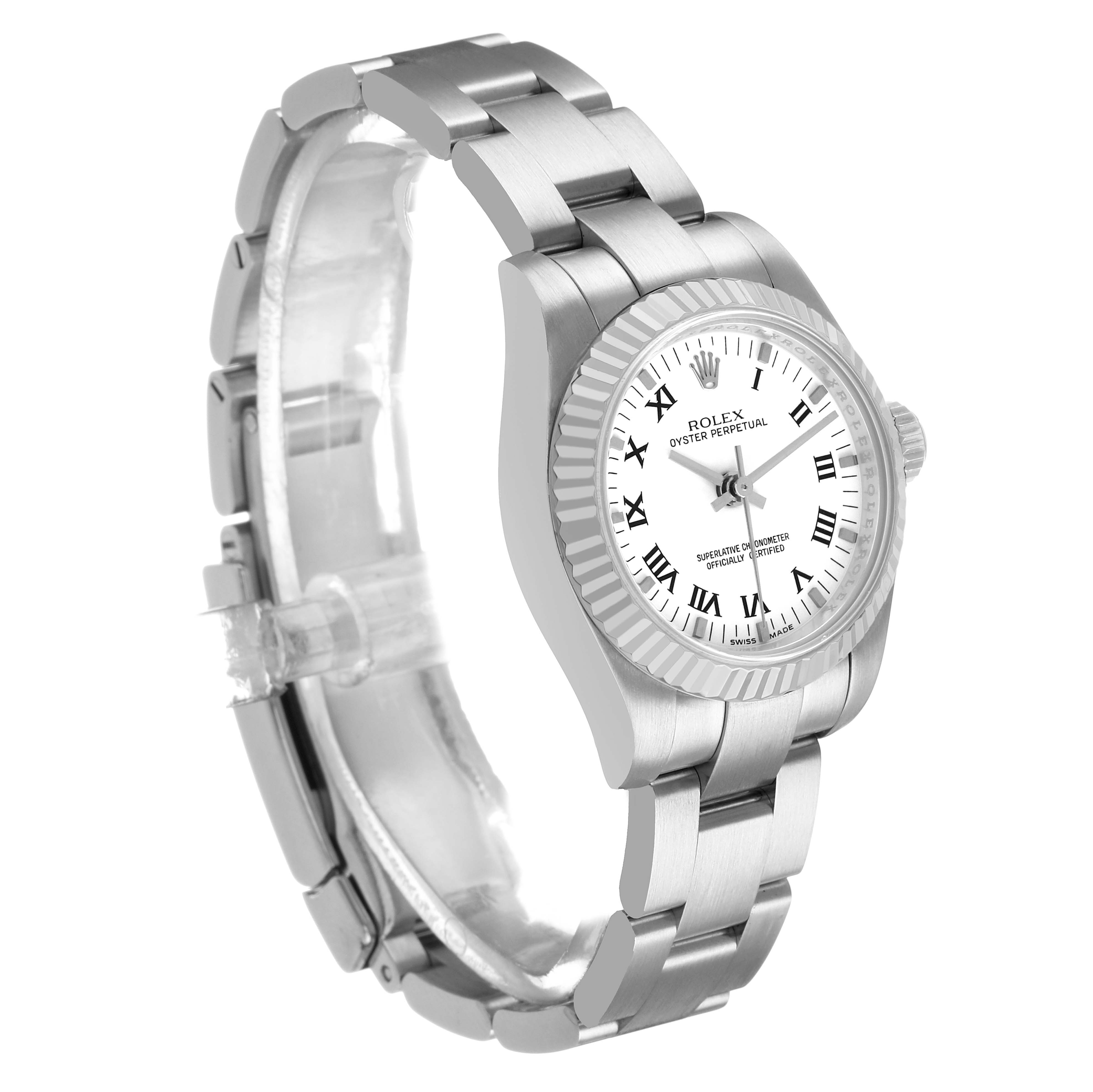 The Rolex Oyster Perpetual 176234 Women's Stainless Steel White Dial watch is shown at a three-quarter angle, displaying the face, bezel, and bracelet clearly.