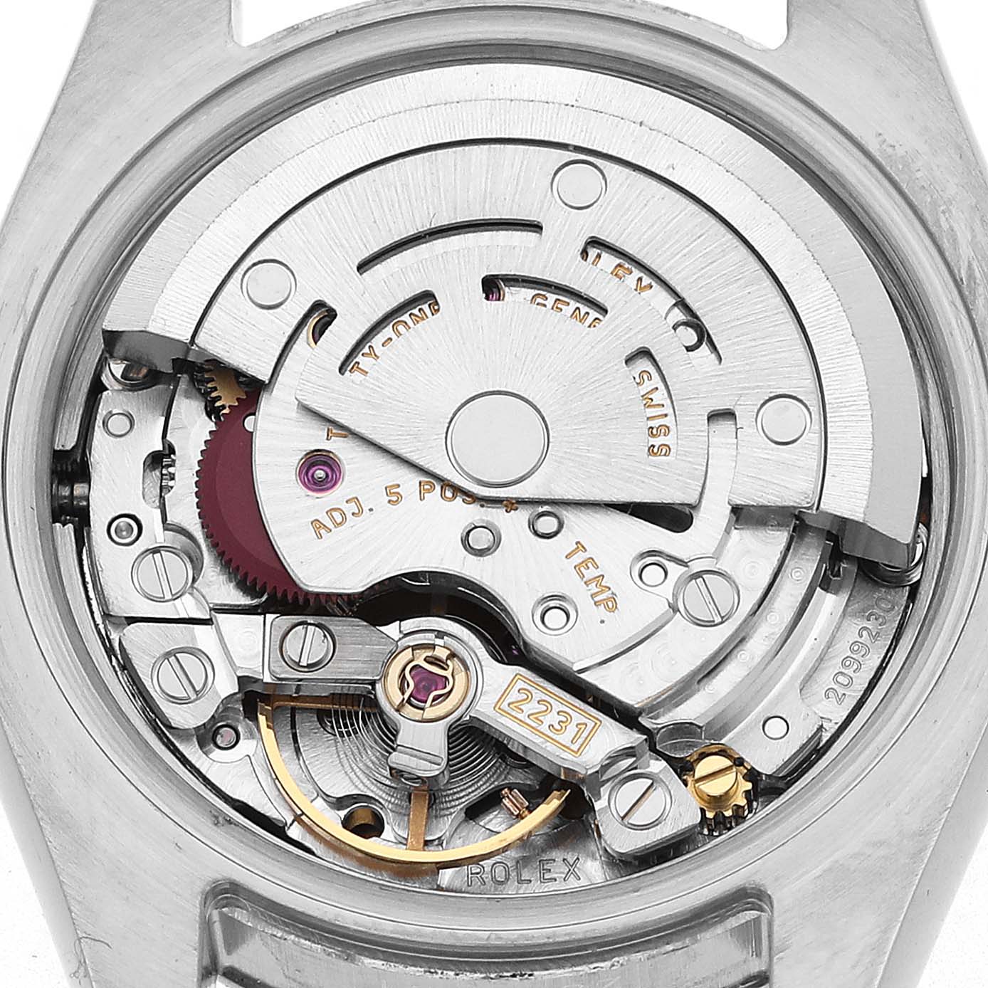 The image shows the movement of a Rolex Oyster Perpetual 176234 Women's Stainless Steel White Dial watch from a back view, detailing the internal mechanical components.