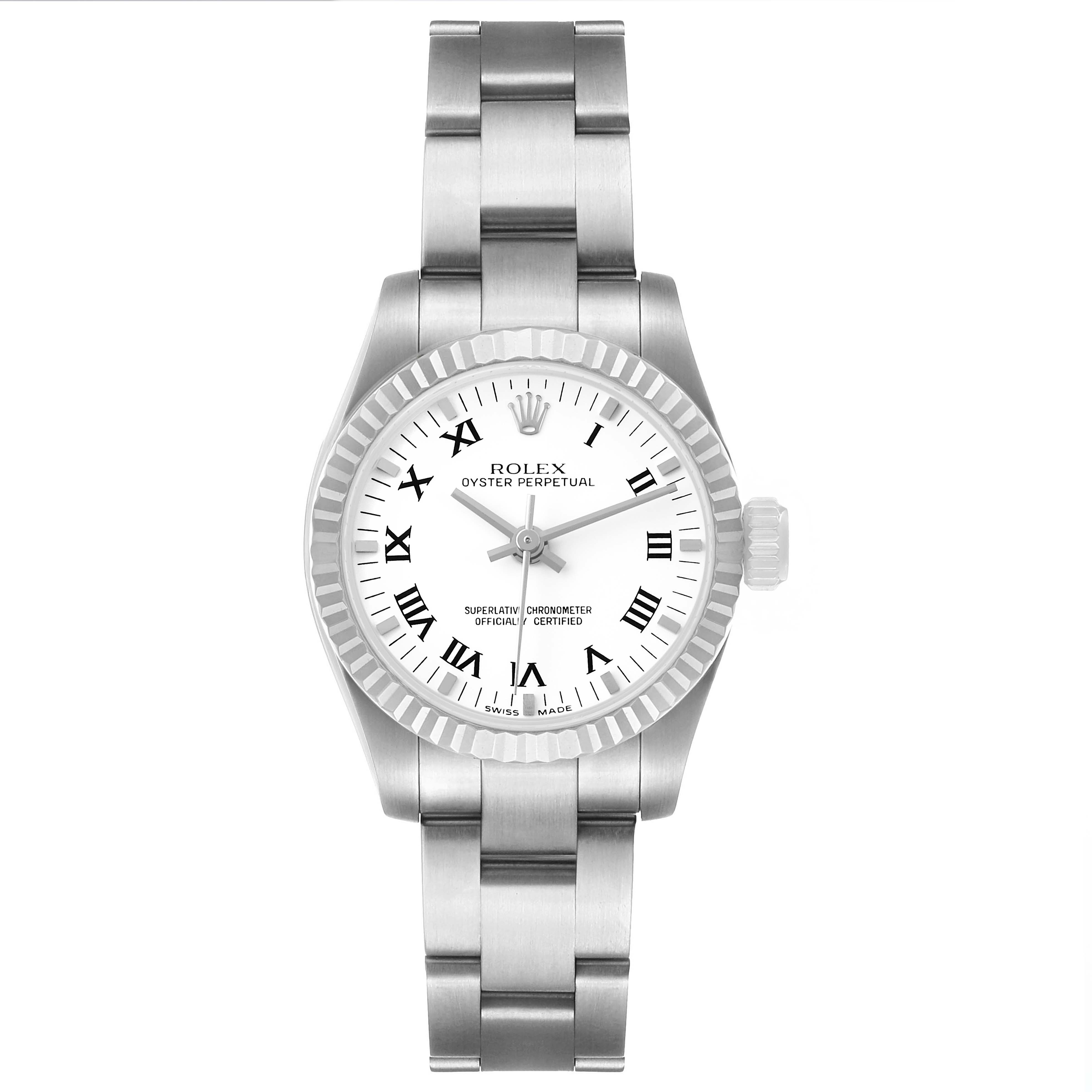 The Rolex Oyster Perpetual 176234 Women's Stainless Steel White Dial watch is shown from a top-down angle, displaying the dial, bezel, and bracelet clearly.