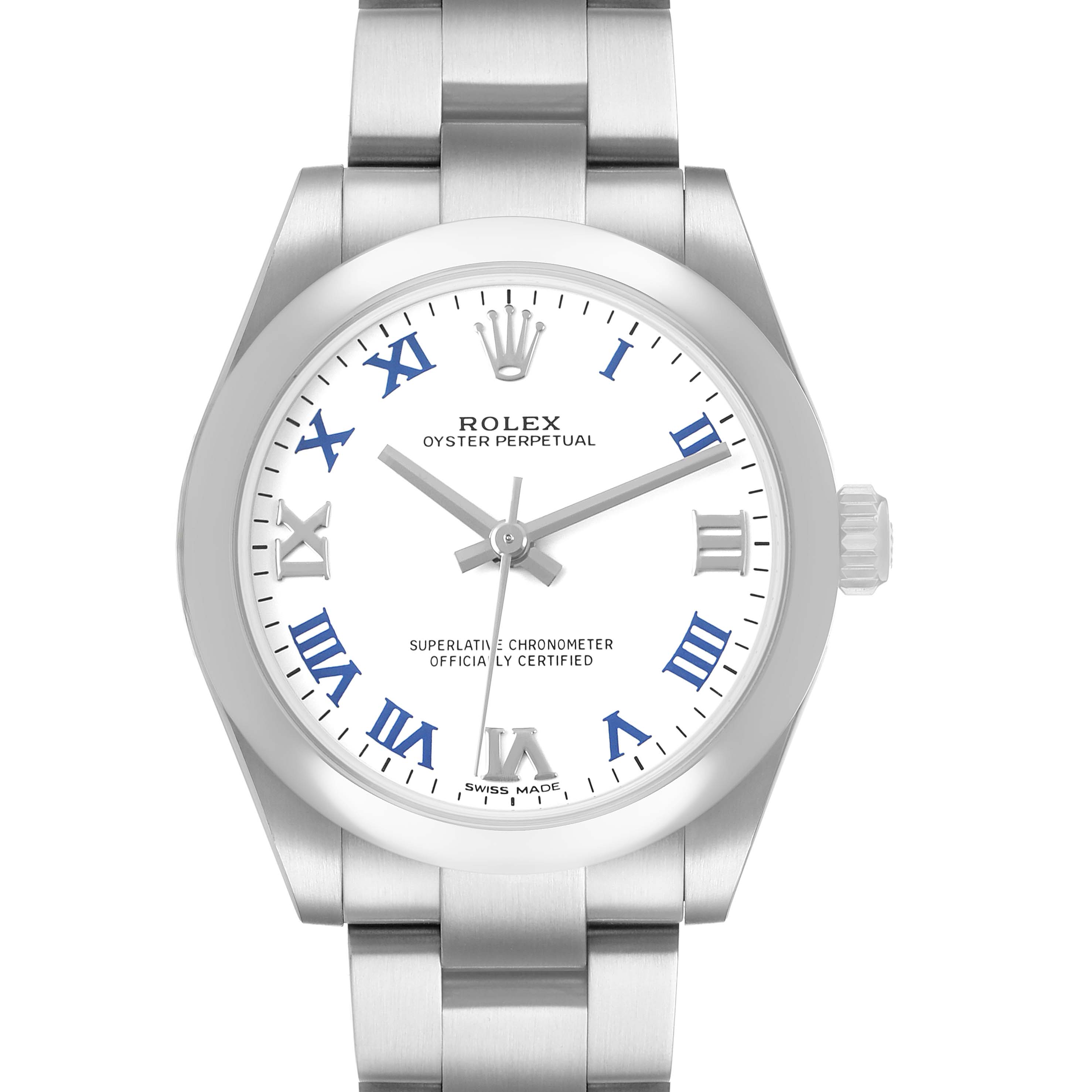 The Rolex Oyster Perpetual Mid-Size is shown from the front, displaying the dial, bezel, and part of the bracelet.