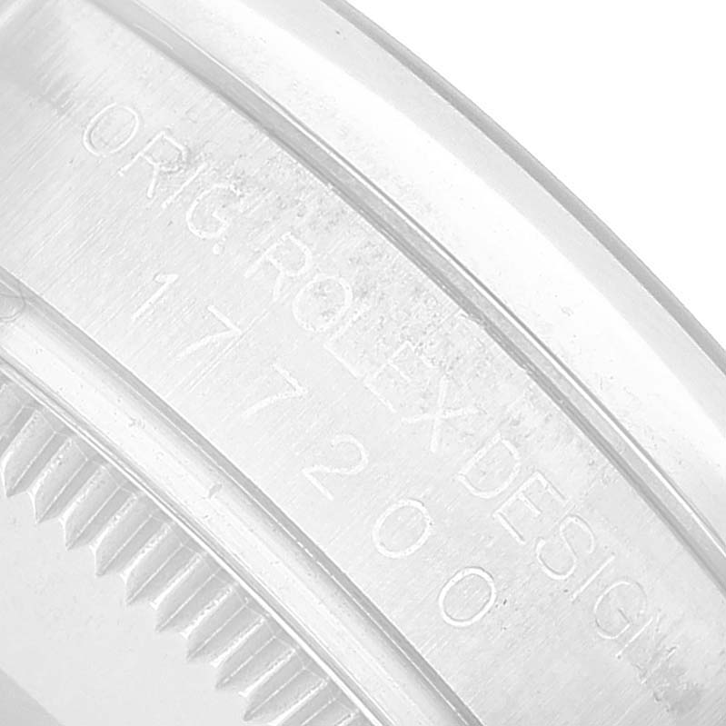 The image shows a close-up of the case side of a Rolex Mid-Size 177200 Women's Stainless Steel White Dial watch, specifically the model number engraving.
