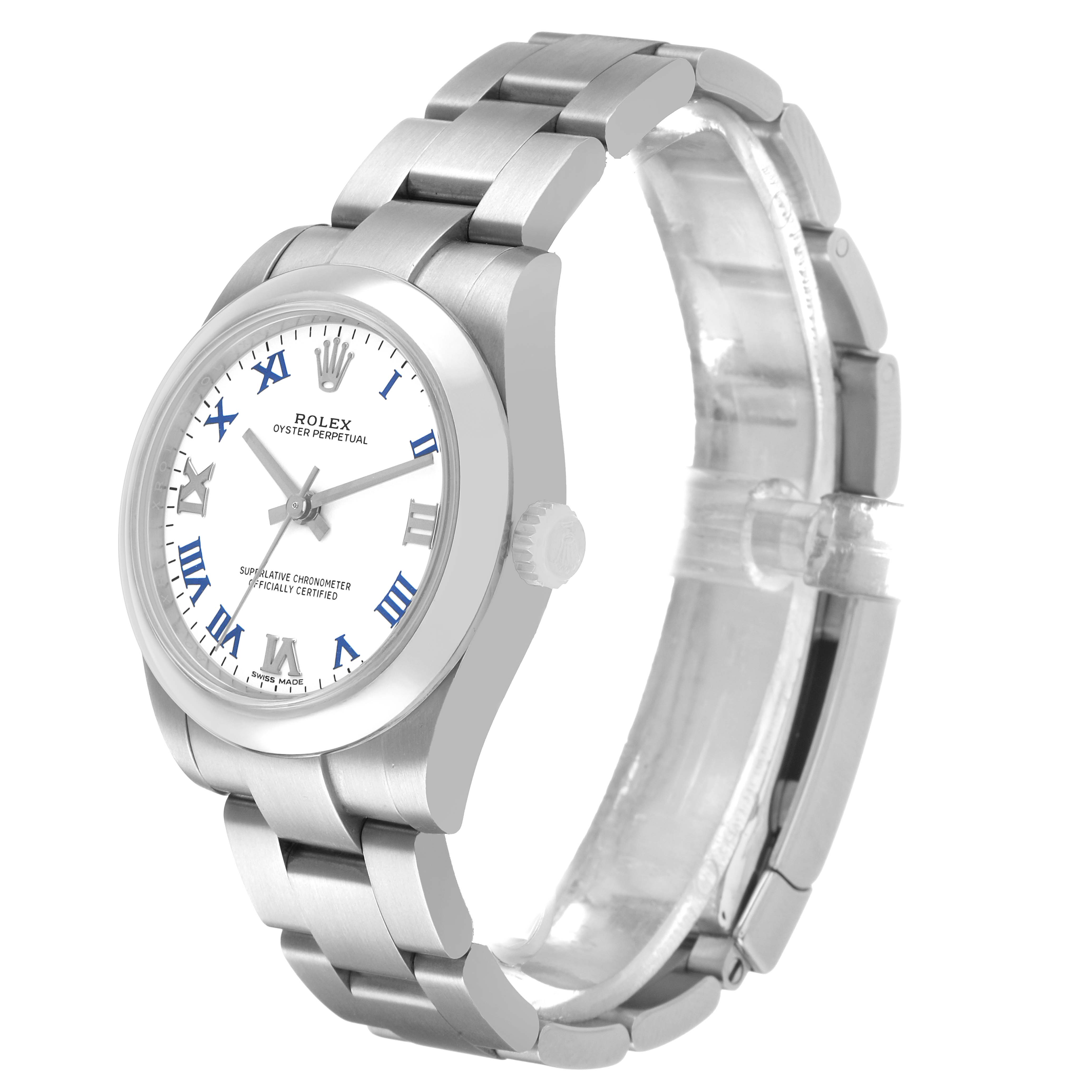 The Rolex Mid-Size 177200 Women's Stainless Steel White Dial watch is shown at a three-quarter angle, highlighting the dial, bezel, and bracelet.
