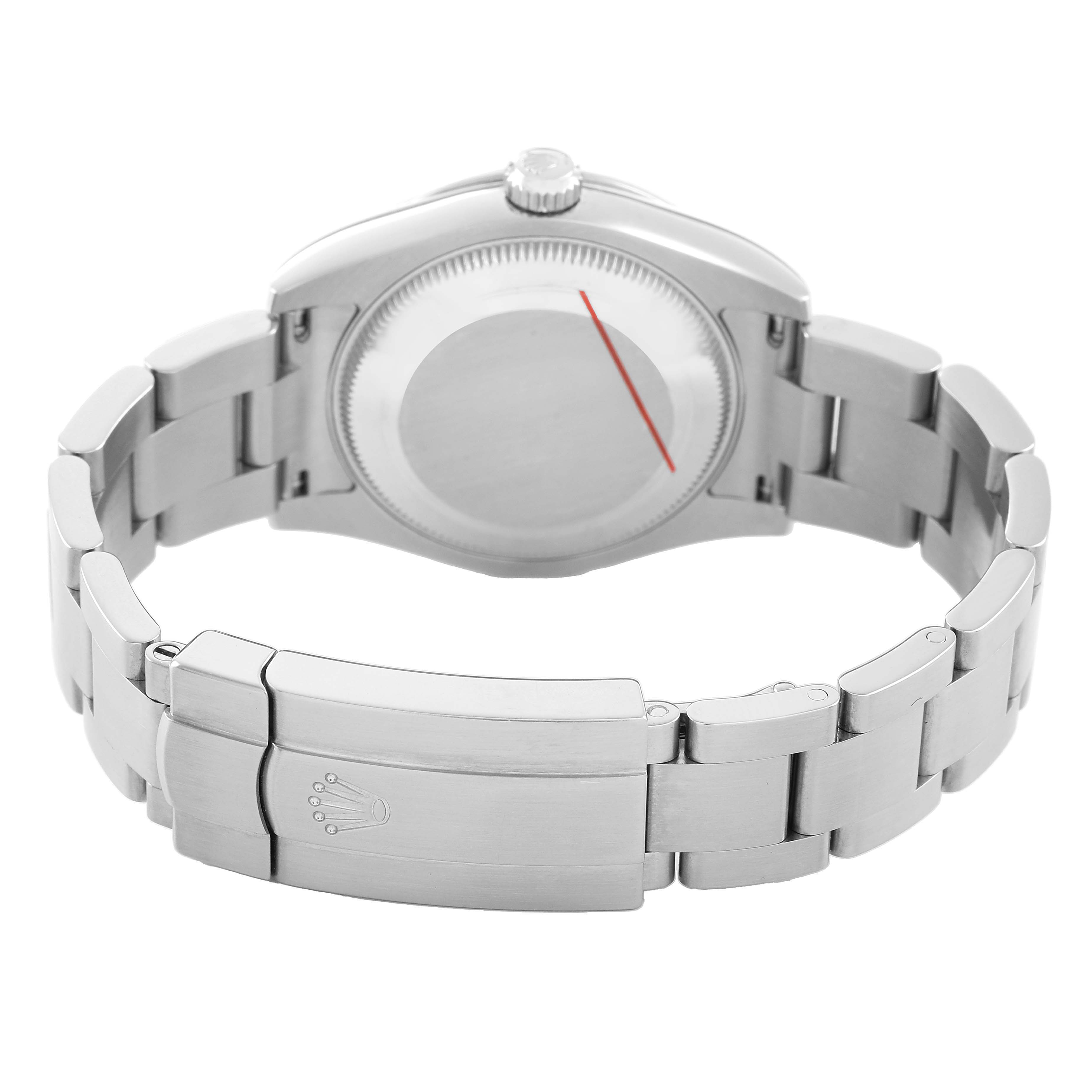 The image shows the back and bracelet clasp of a Mid-Size Rolex watch, showcasing its stainless steel parts.