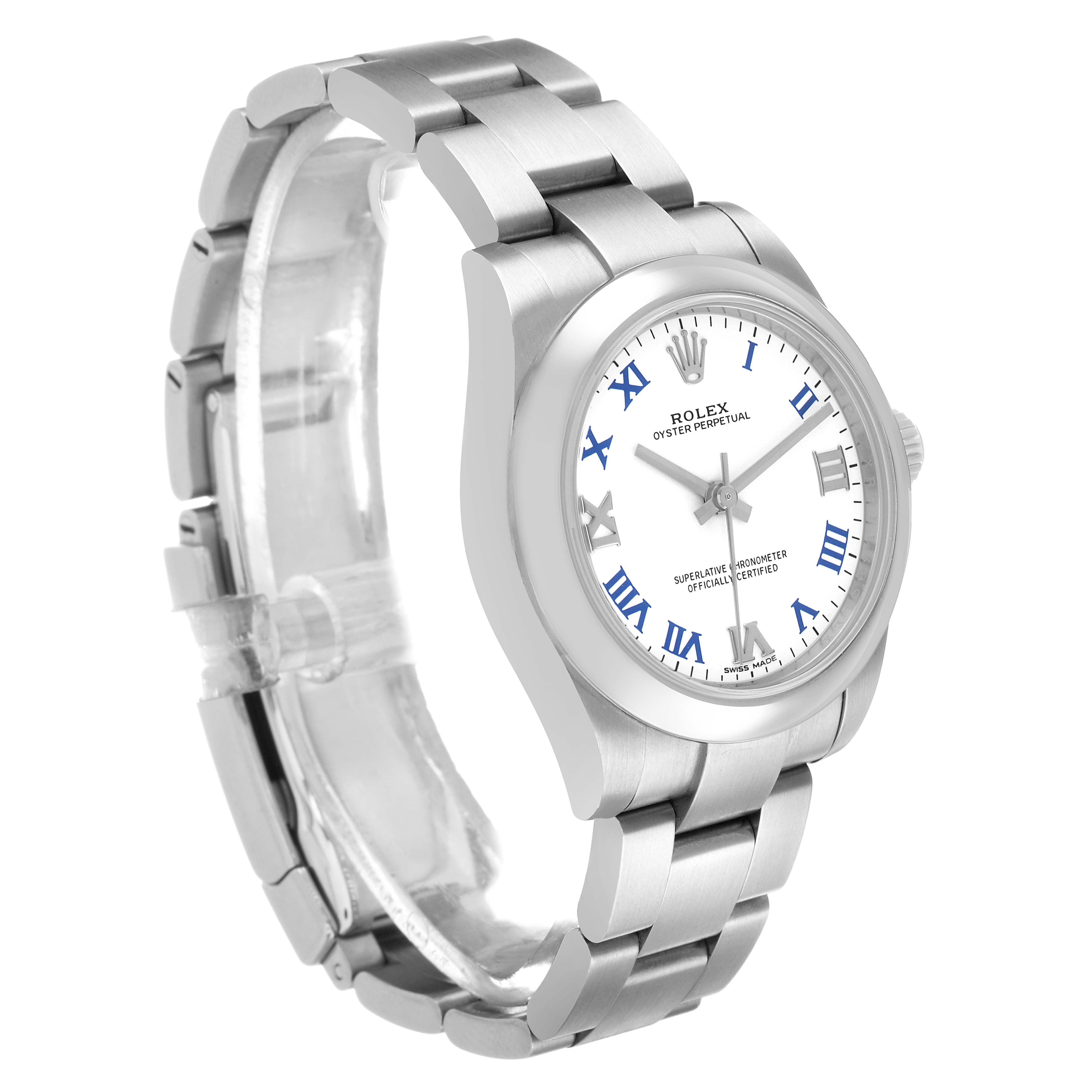 The Rolex Mid-Size 177200 Women's Stainless Steel White Dial watch is shown at a three-quarter angle, displaying its face, bezel, and bracelet.