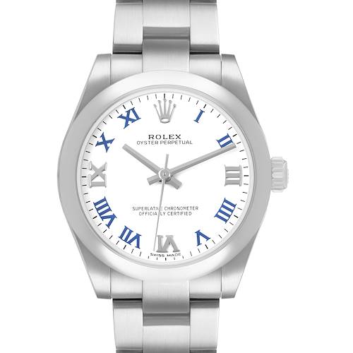 The Rolex Oyster Perpetual Mid-Size watch is shown from a front angle, highlighting the dial, bezel, and bracelet.