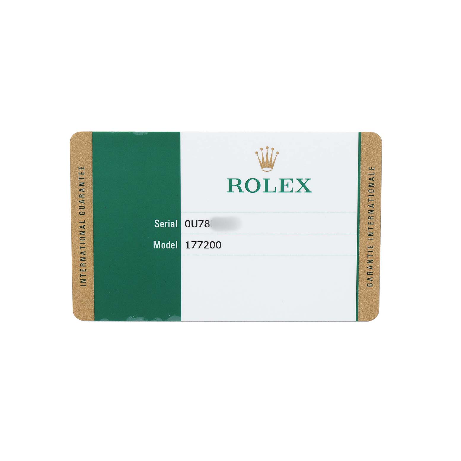This image shows a Rolex international guarantee card for the Mid-Size model 177200, displaying serial and model information.