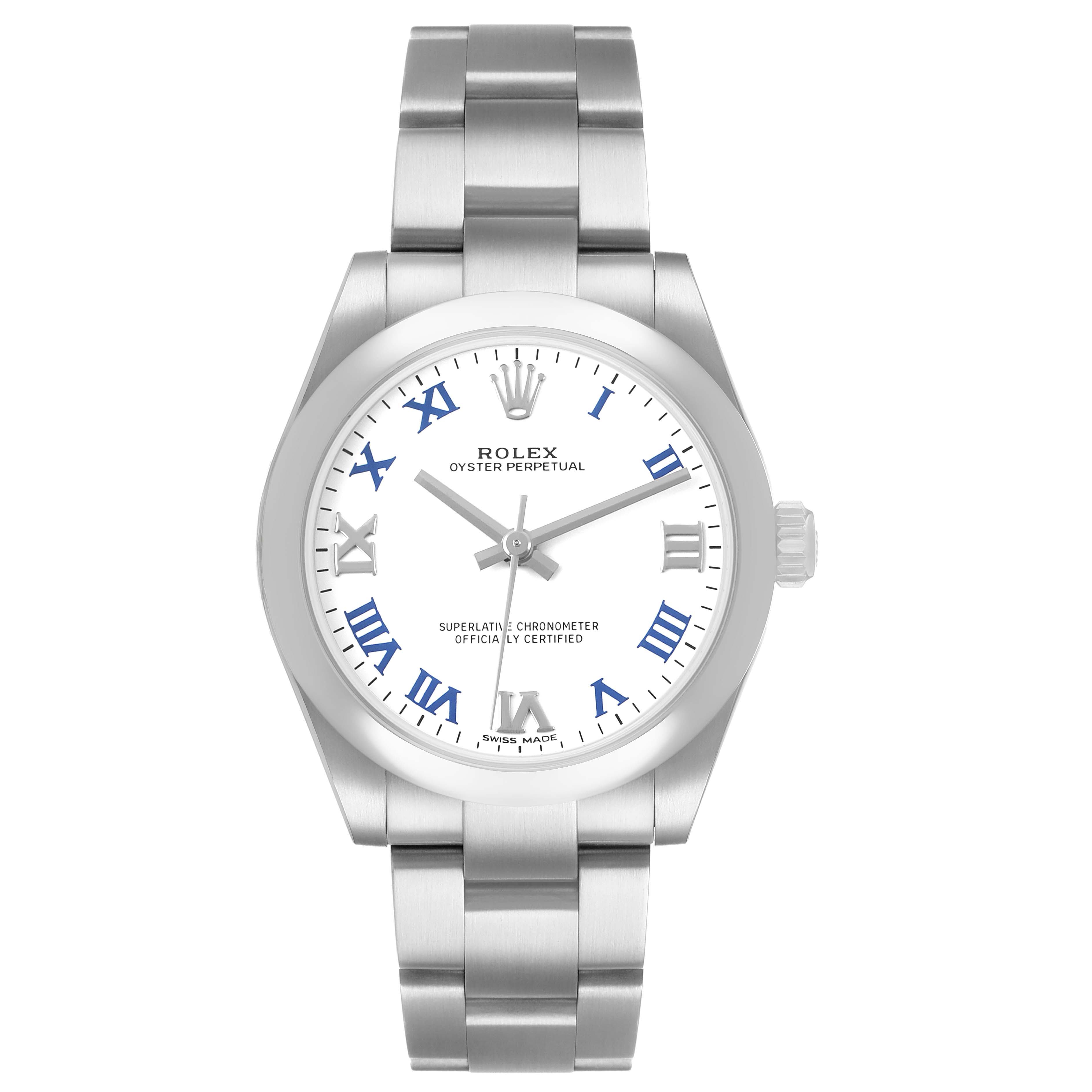 This Rolex Mid-Size 177200 Women's Stainless Steel White Dial watch is shown from the front, highlighting the dial, bezel, and bracelet.