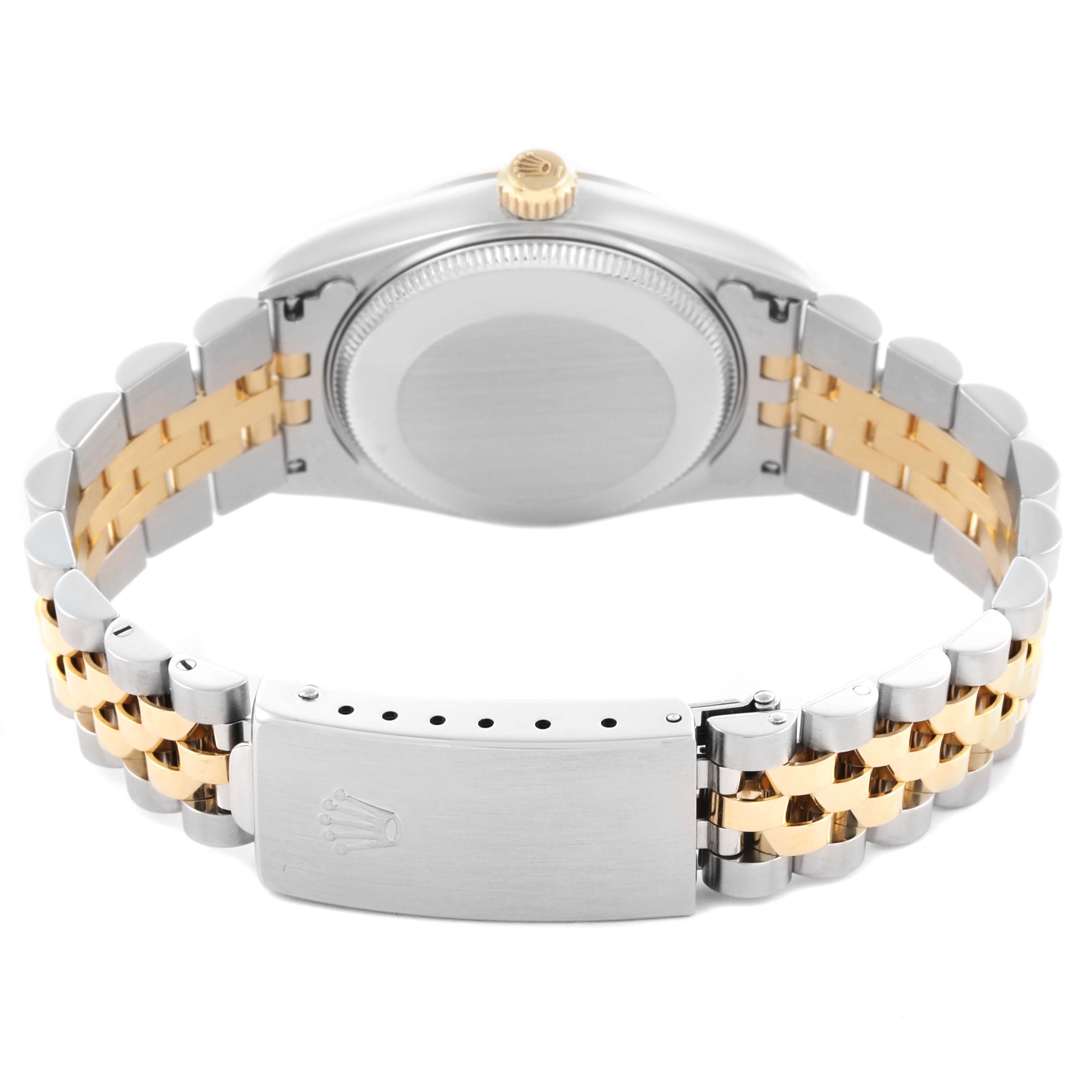 The image shows the back and bracelet of a Rolex Datejust, highlighting the clasp and two-tone links.