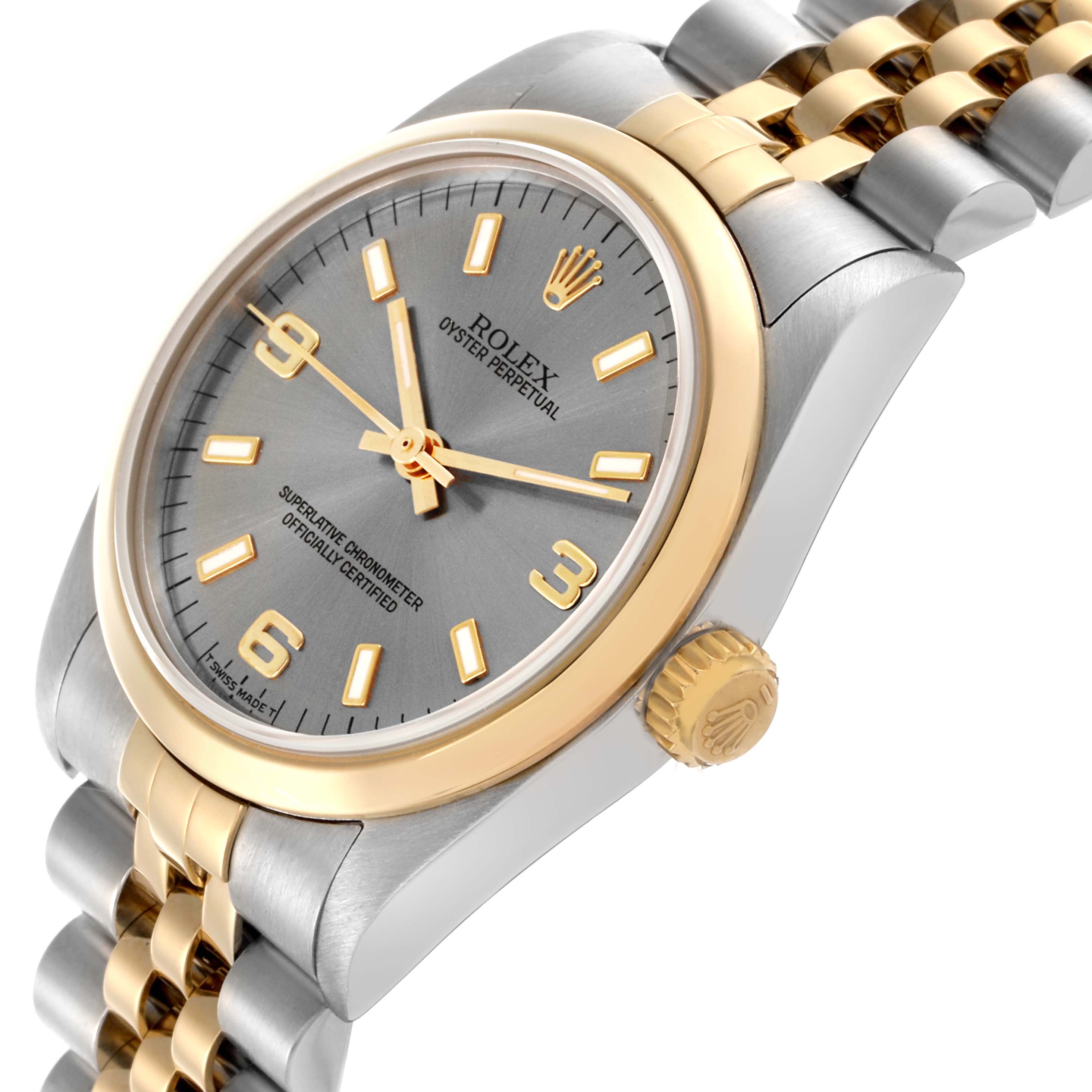 The Rolex Datejust watch is shown at an angled side view, highlighting the dial, bezel, crown, and part of the bracelet.