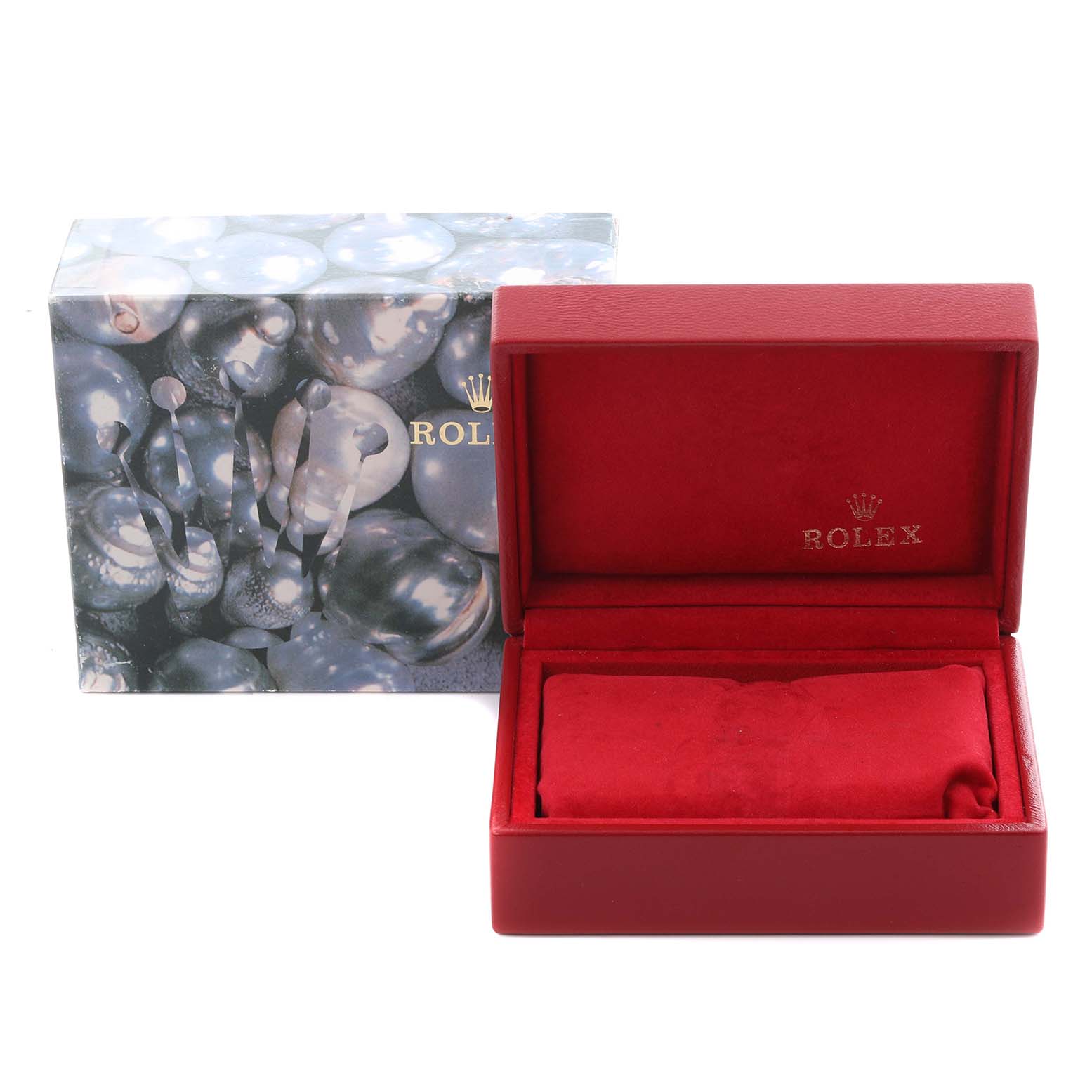 The image shows an open red Rolex Datejust box with a textured outer box beside it.