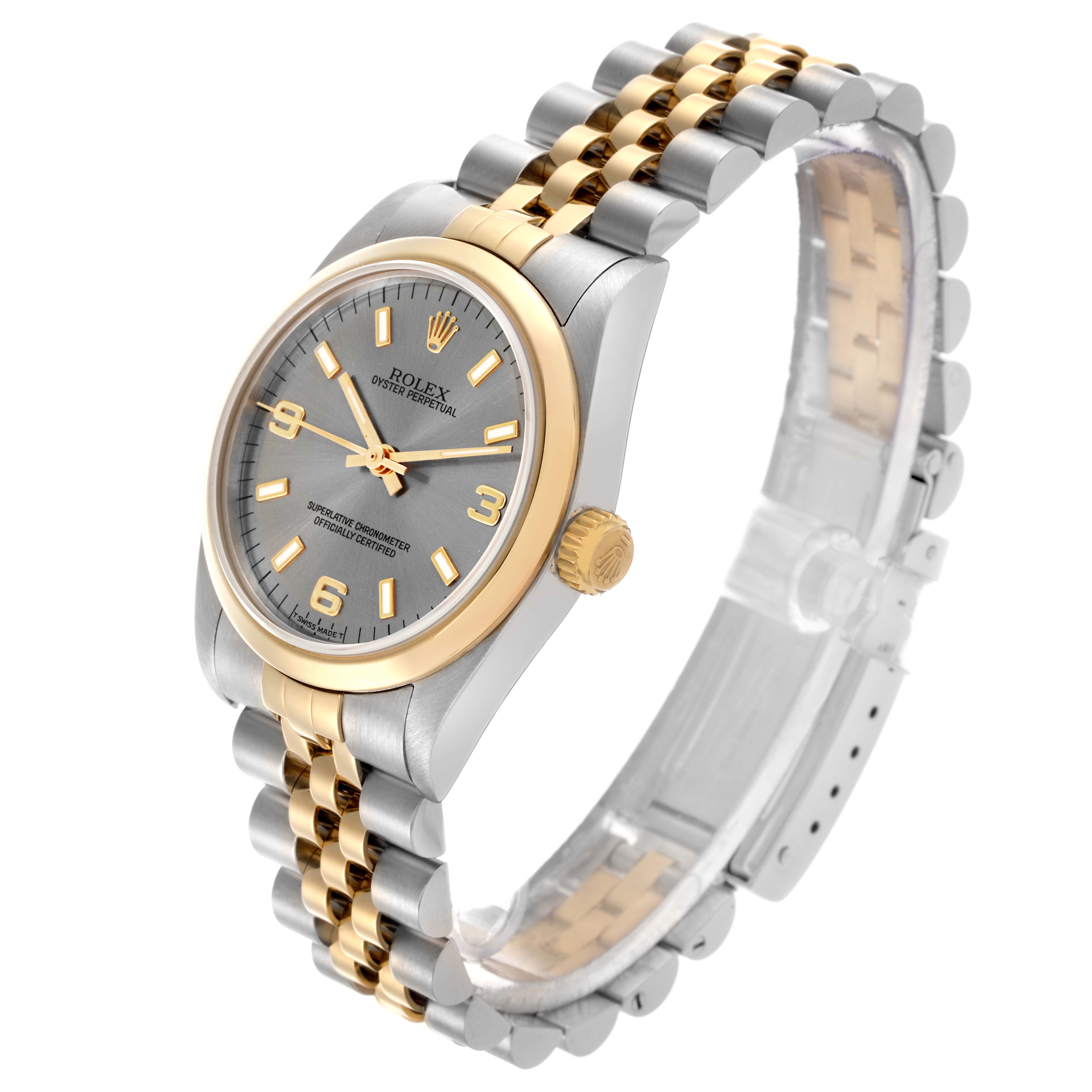 The Rolex Datejust watch is shown at a three-quarter side angle, highlighting the bracelet, bezel, crown, and dial.