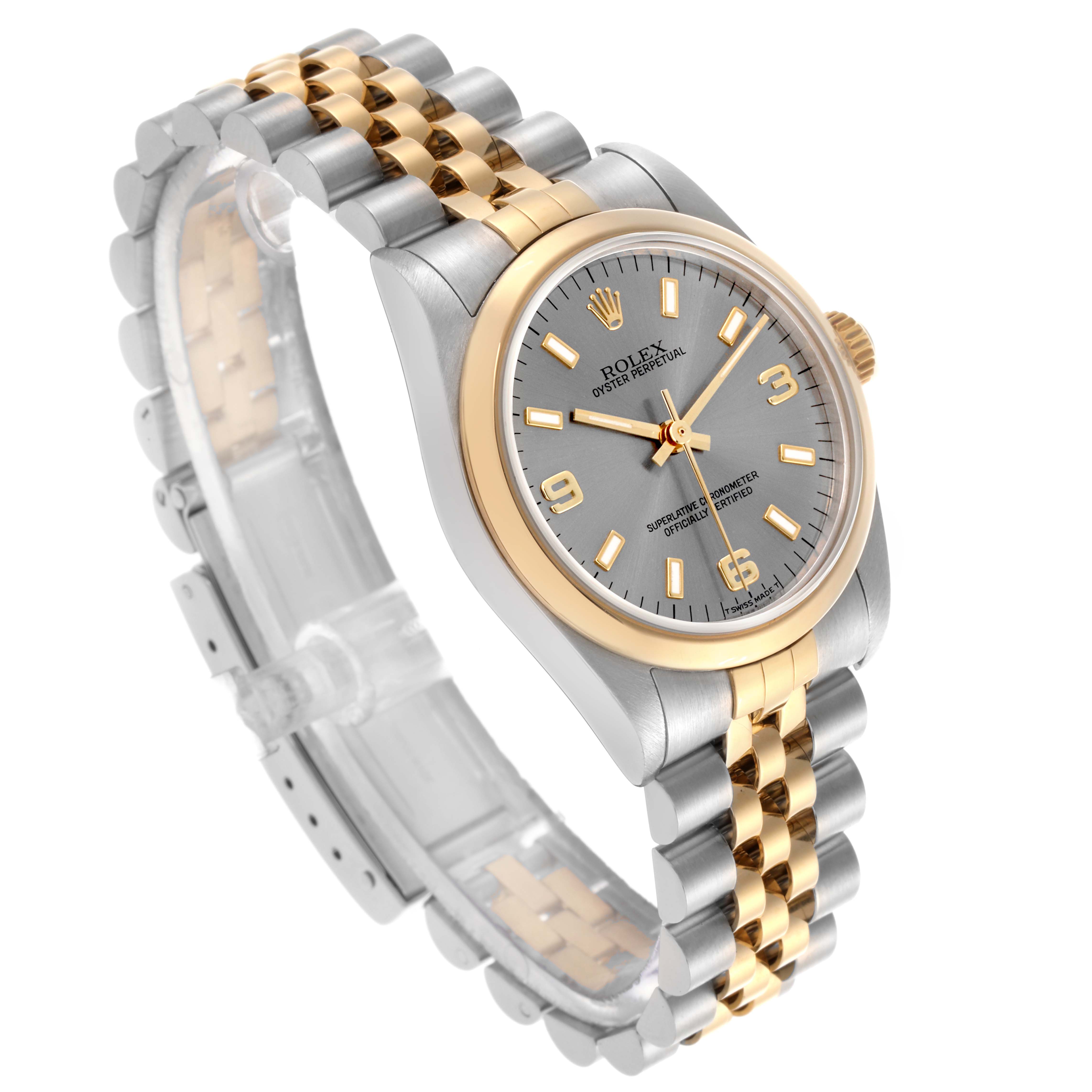 The Rolex Datejust watch is displayed in a three-quarter angle, showing the face, bezel, crown, and entire two-tone bracelet.