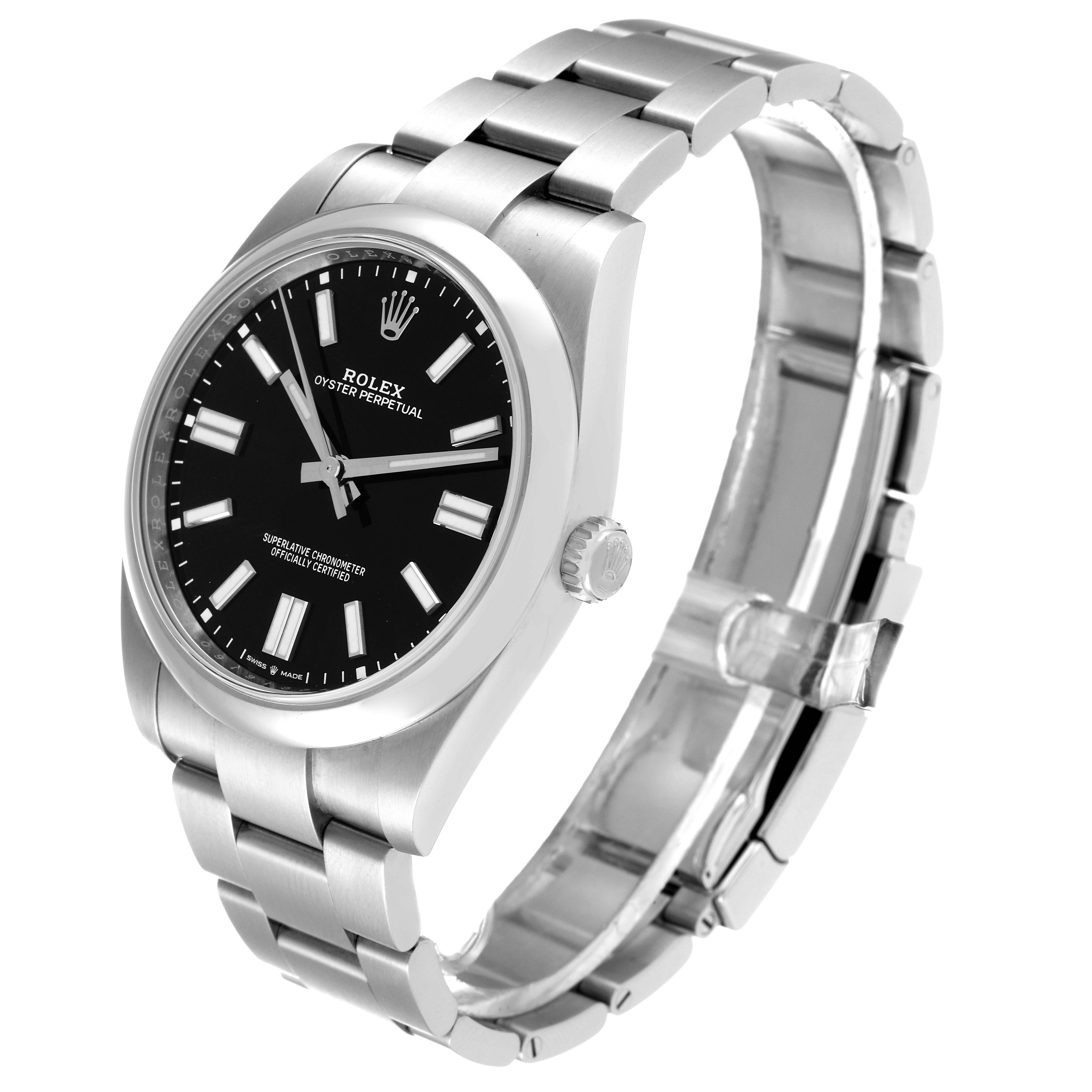 This image shows a side view of the Rolex Oyster Perpetual 124300 Men
s Stainless Steel Black Dial 124300 Men
s Stainless Steel Black Dial watch, highlighting the stainless steel bracelet, dial, and crown.