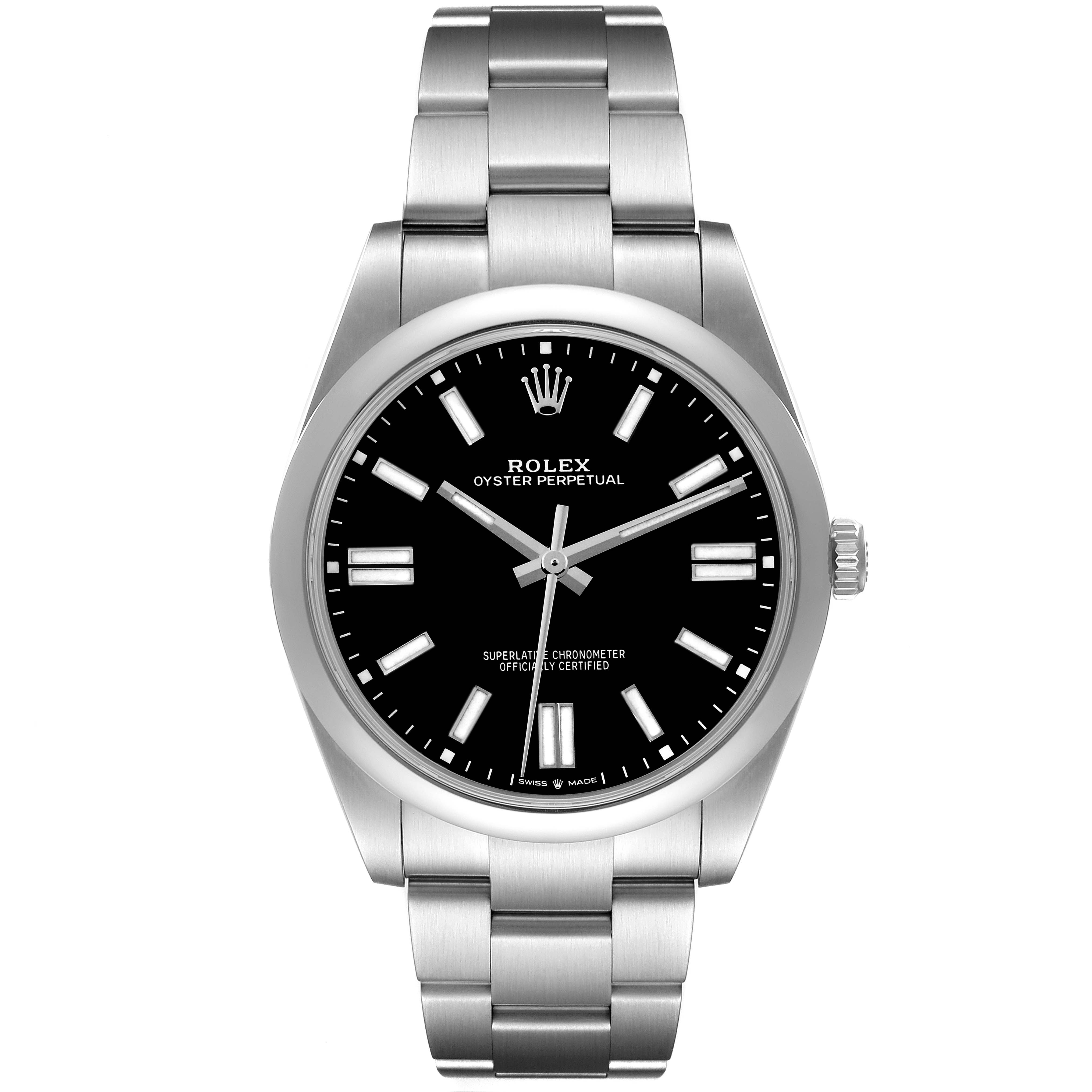 This image shows a front view of the Rolex Oyster Perpetual 124300 Men
s Stainless Steel Black Dial 124300 Men
s Stainless Steel Black Dial watch, displaying the black dial, markers, hands, and stainless steel bracelet.