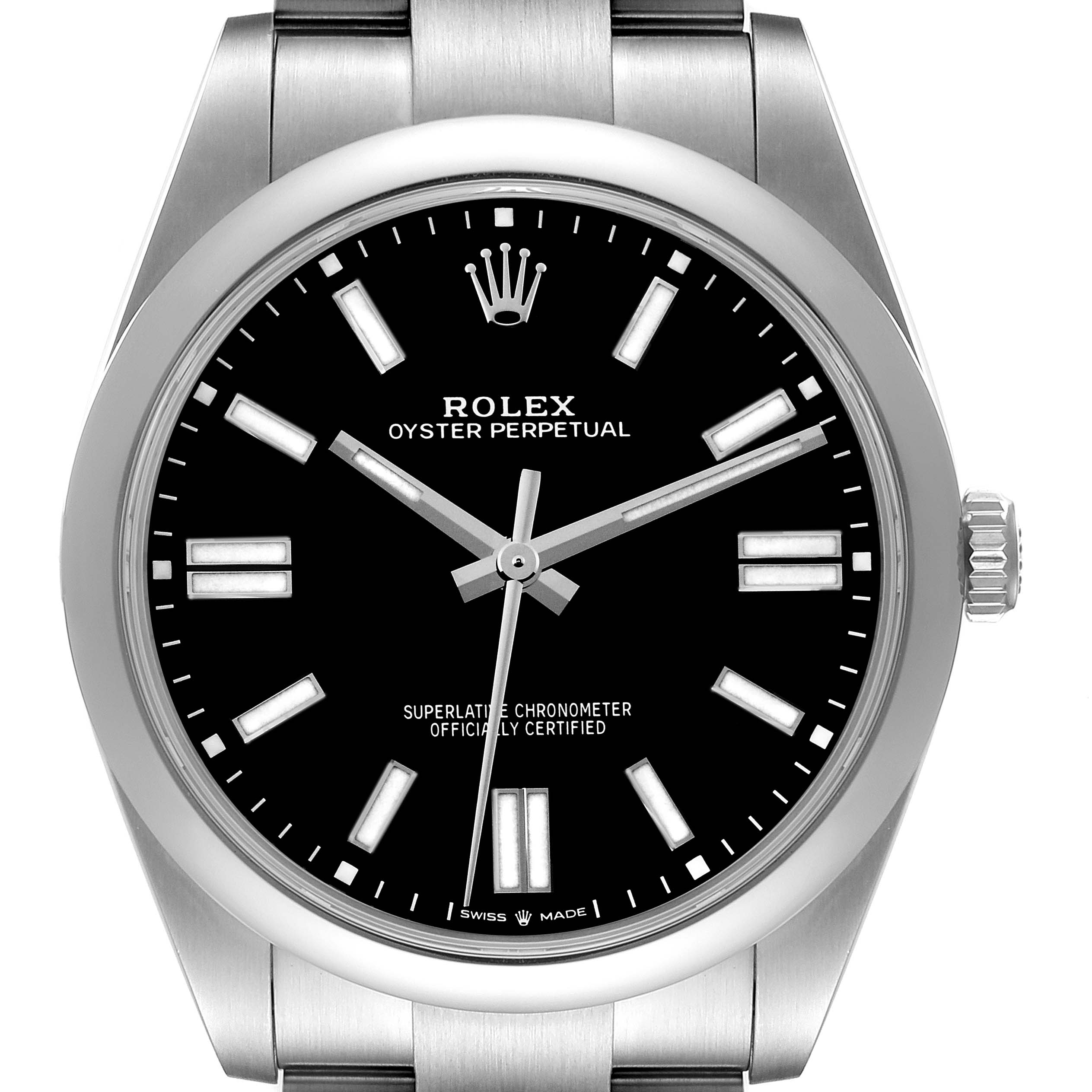 This image shows a front view of the Rolex Oyster Perpetual 124300 Men
s Stainless Steel Black Dial 124300 Men
s Stainless Steel Black Dial watch, displaying its black dial, hands, markers, and part of its bracelet.