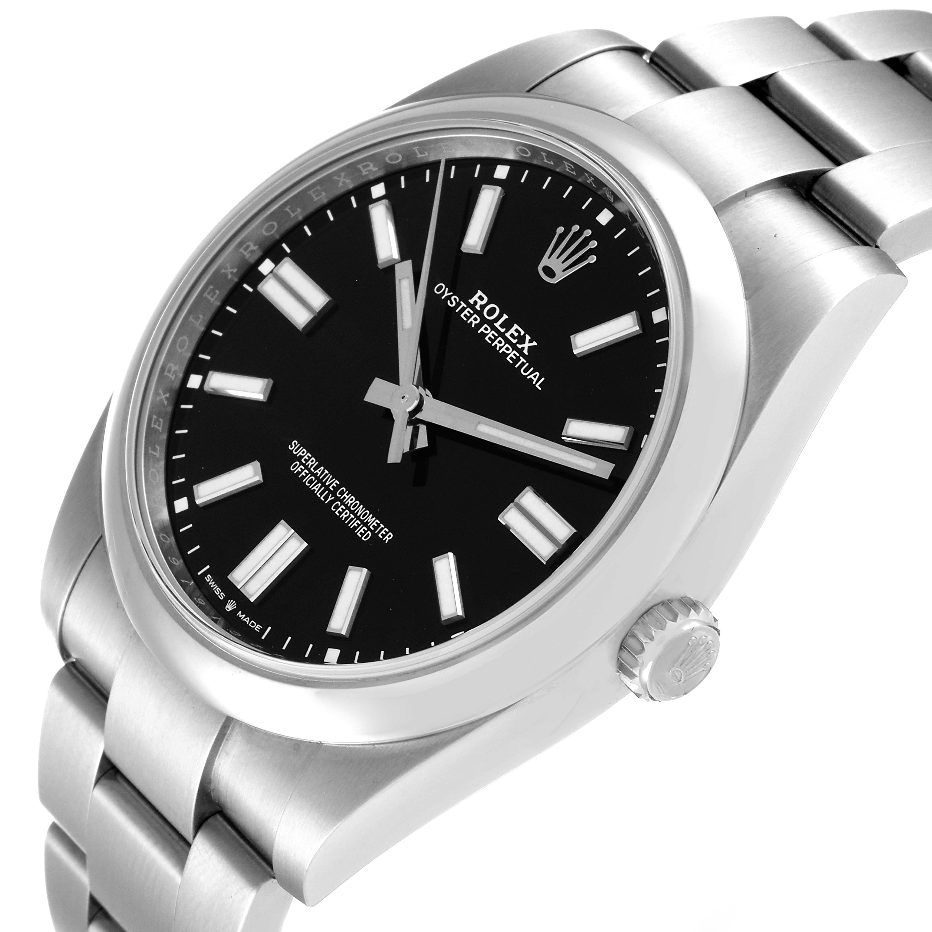 This image shows a Rolex Oyster Perpetual 124300 Men
s Stainless Steel Black Dial 124300 Men
s Stainless Steel Black Dial watch at a three-quarter angle, displaying its face, bezel, crown, and bracelet.