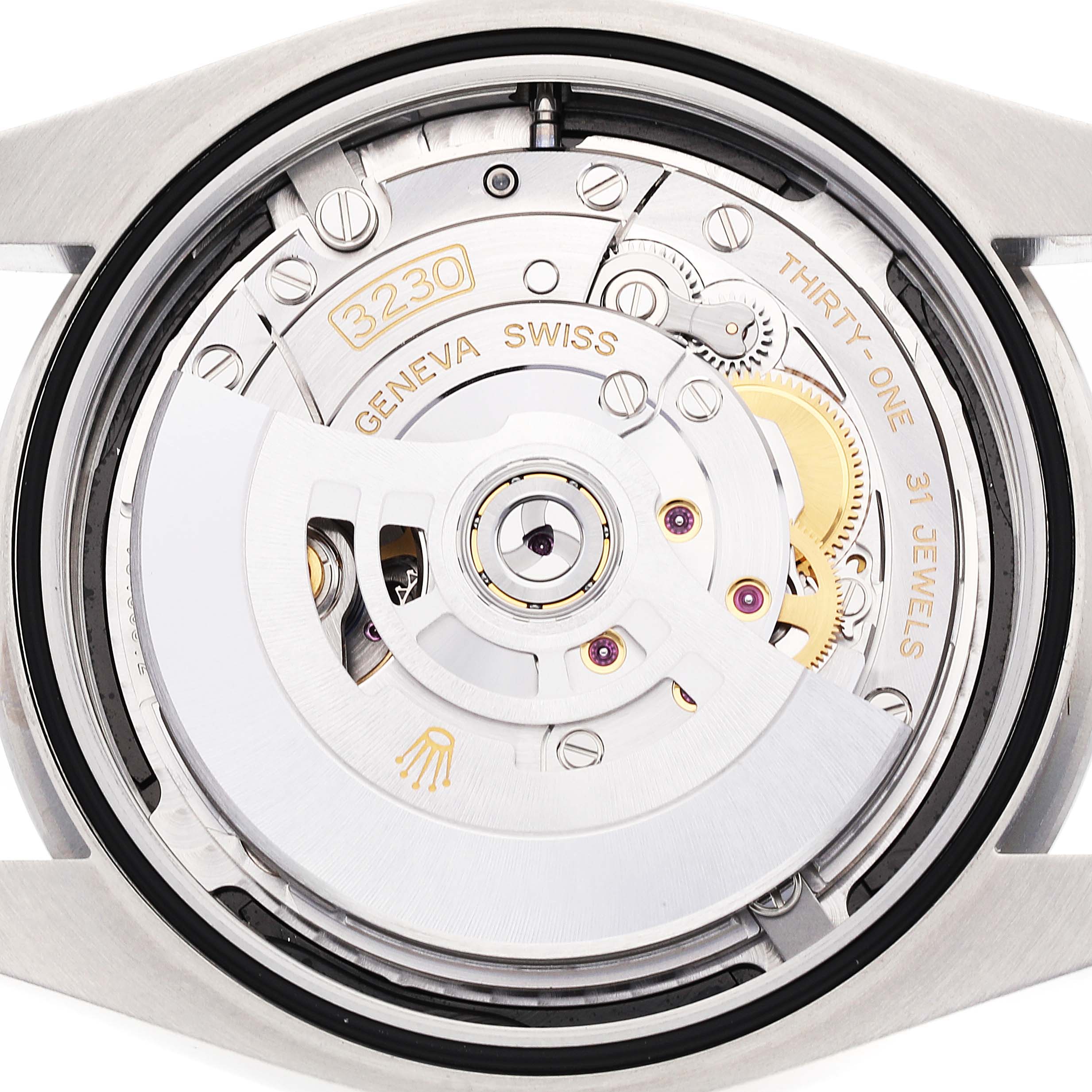 This image shows the rear view of the movement mechanism inside a Rolex Oyster Perpetual 124300 Men
s Stainless Steel Black Dial 124300 Men
s Stainless Steel Black Dial watch, highlighting the intricate gears and jewels.