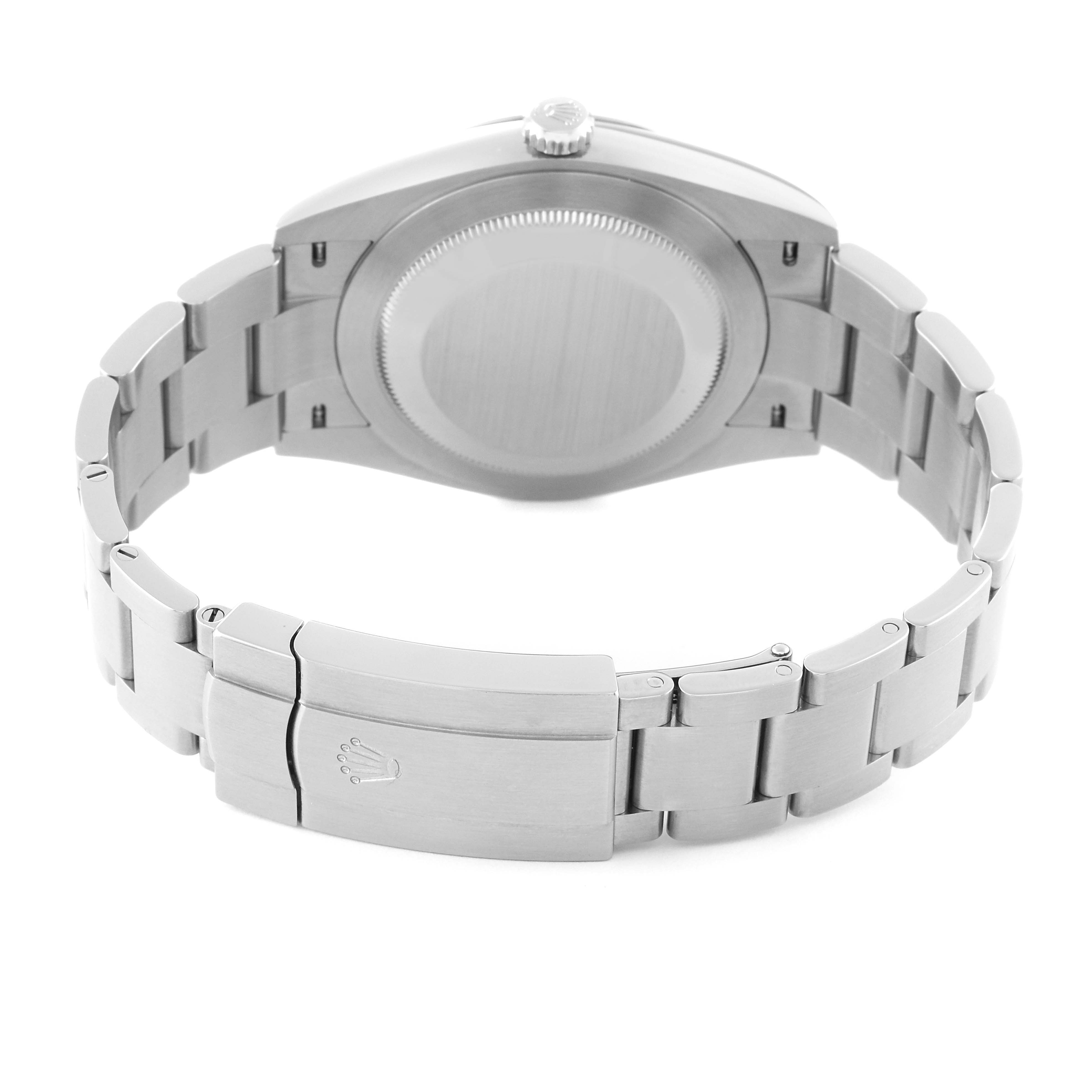 This image shows the back case and bracelet, including the clasp, of a Rolex Oyster Perpetual 124300 Men
s Stainless Steel Black Dial 124300 Men
s Stainless Steel Black Dial watch from the rear angle.