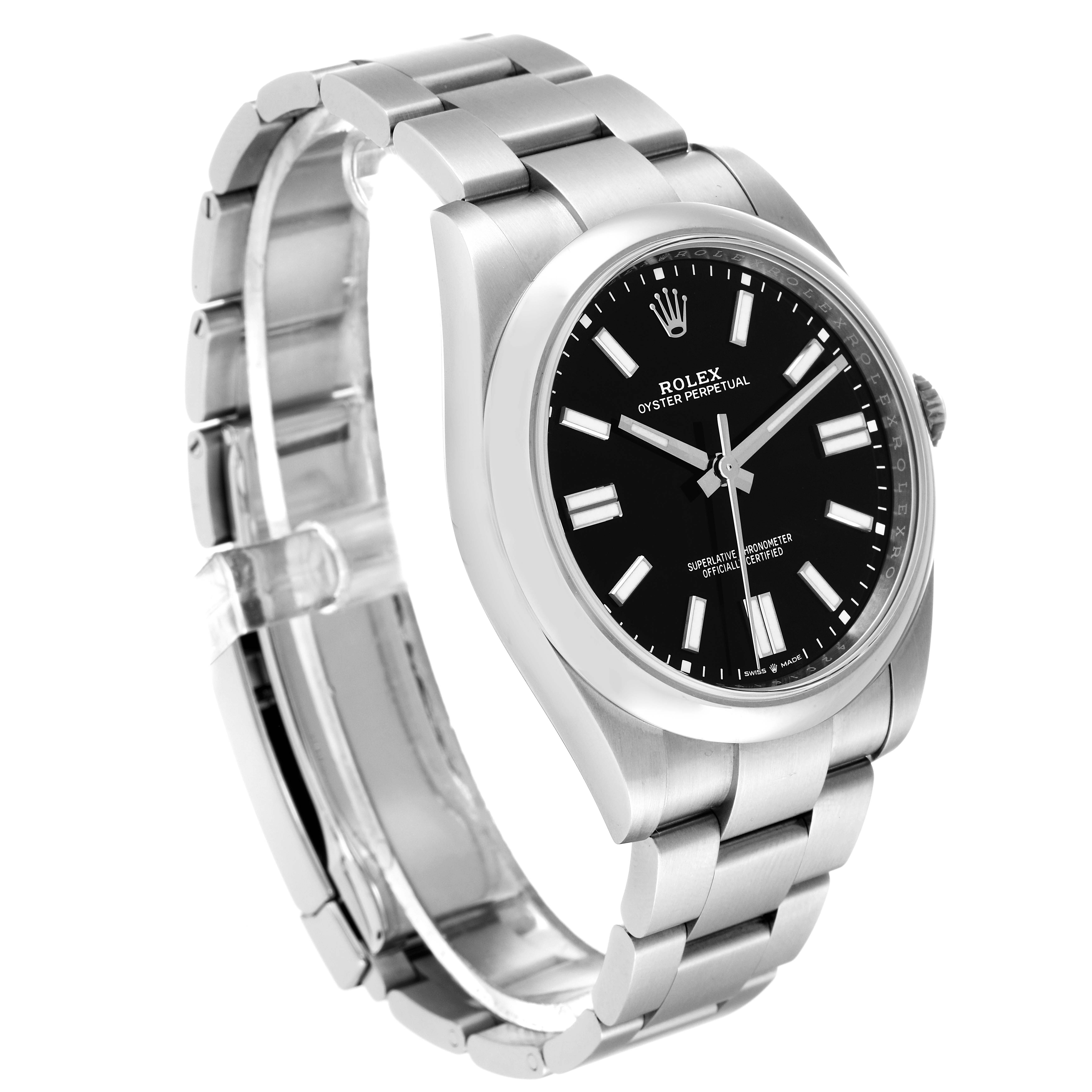 The image shows a Rolex Oyster Perpetual 124300 Men
s Stainless Steel Black Dial 124300 Men
s Stainless Steel Black Dial watch at a side angle, highlighting its stainless steel bracelet and black dial face.