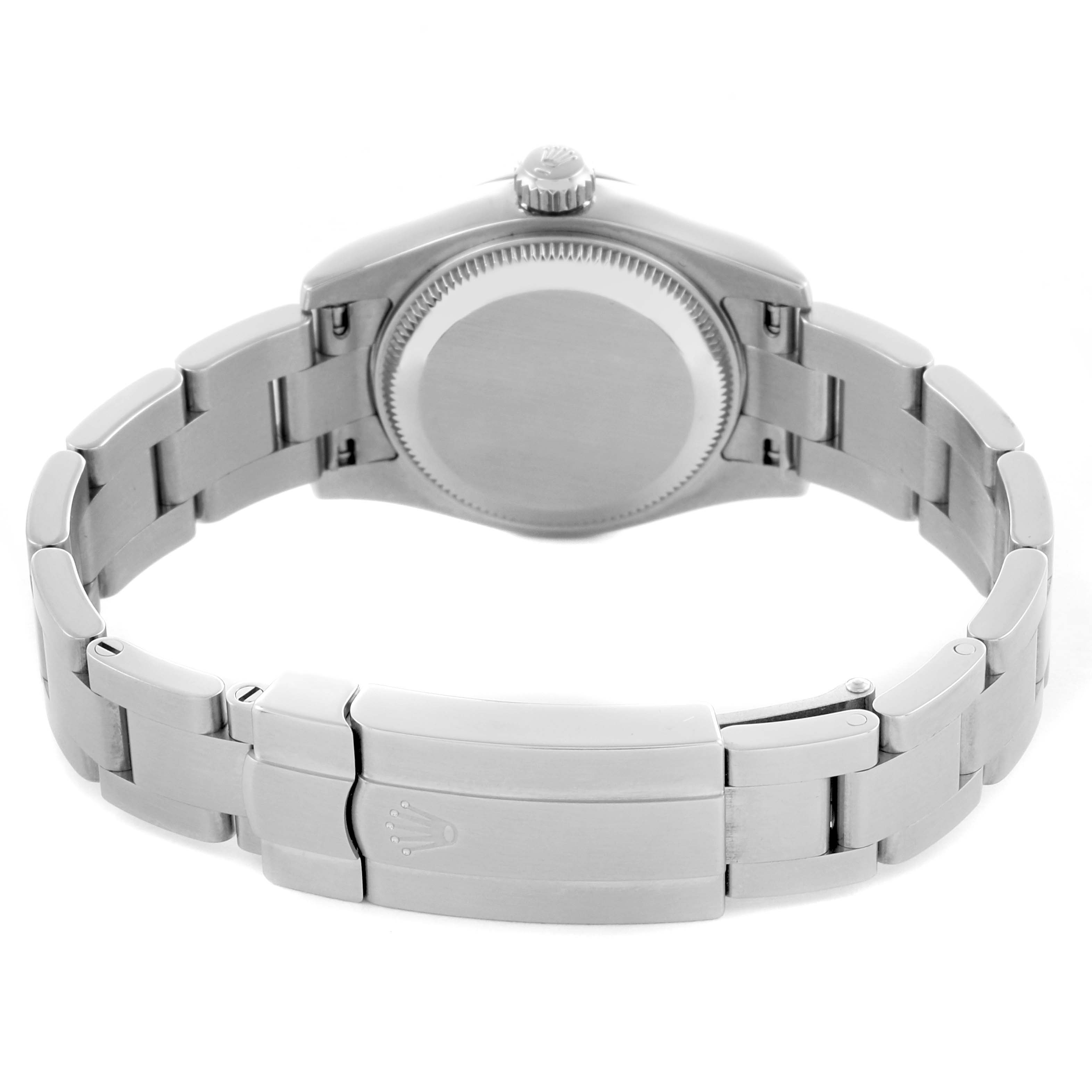 The image shows the back of the Rolex Oyster Perpetual 176200 Women's Stainless Steel Silver Dial 176200 Women's Stainless Steel Silver Dial, highlighting the case back and the clasp of the metal bracelet.