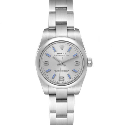 This Rolex Oyster Perpetual watch is shown from a top-down angle, highlighting the face, bezel, and metal bracelet.