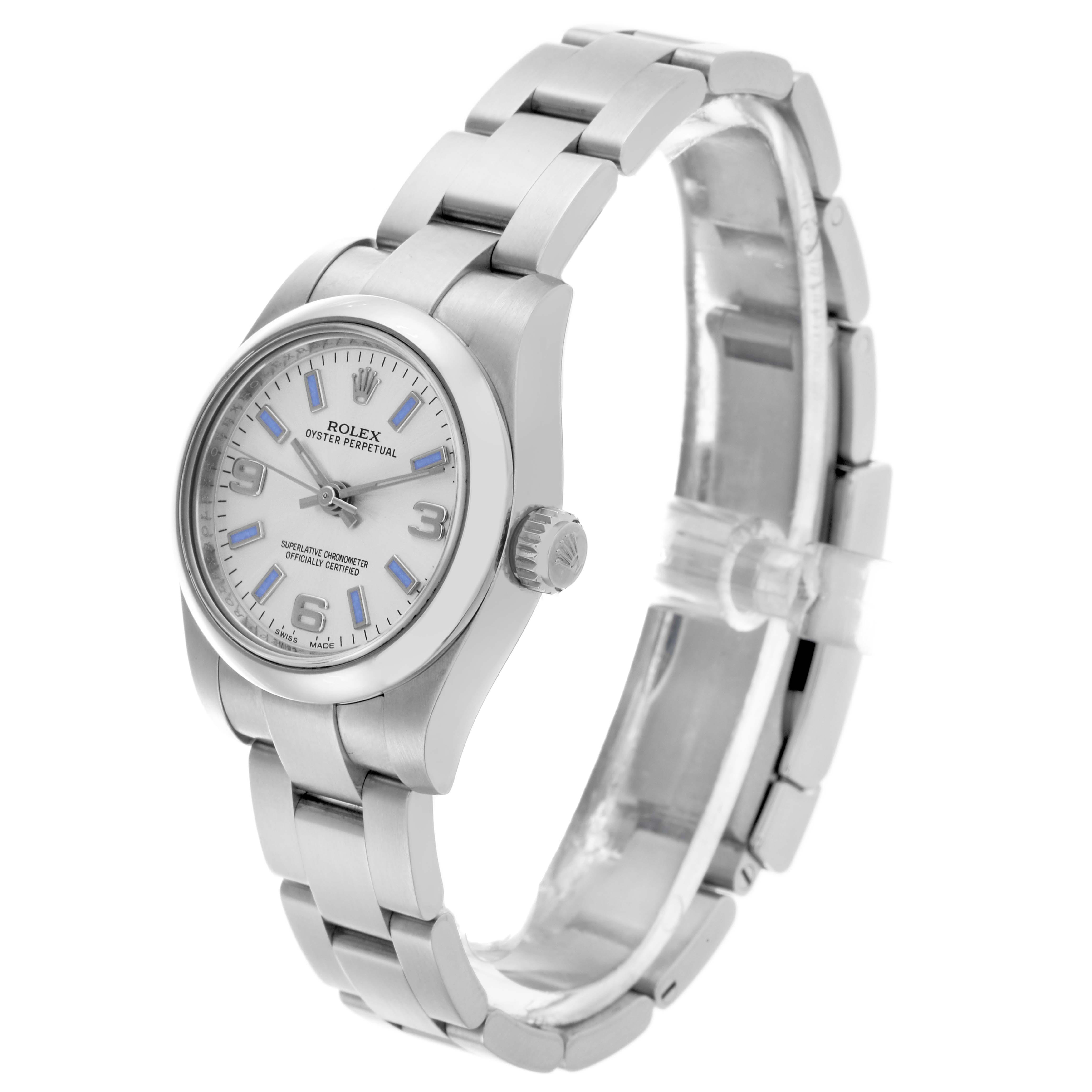 The Rolex Oyster Perpetual 176200 Women's Stainless Steel Silver Dial 176200 Women's Stainless Steel Silver Dial watch is shown at a slight angle, displaying the face, bezel, crown, and bracelet.