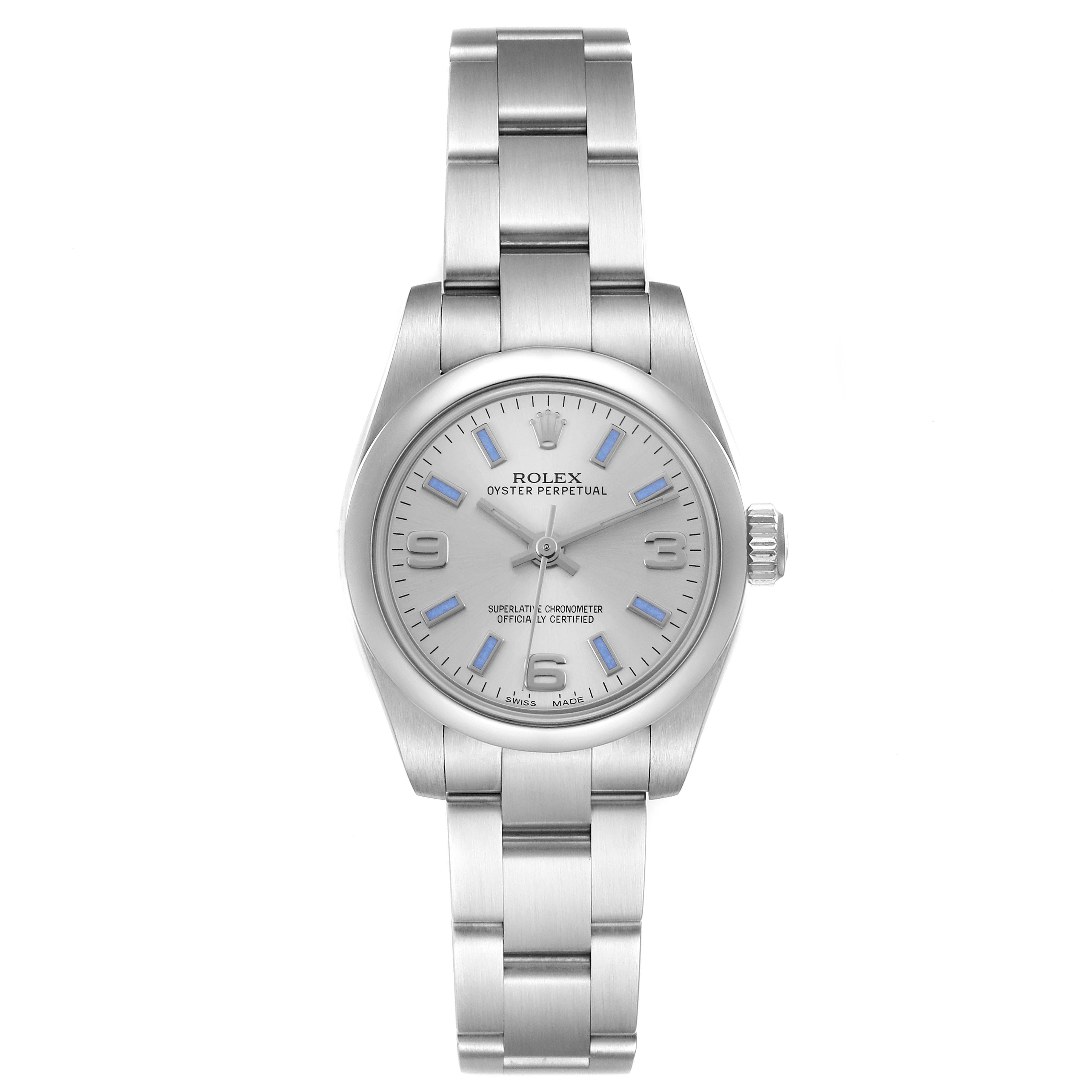 The Rolex Oyster Perpetual 176200 Women's Stainless Steel Silver Dial 176200 Women's Stainless Steel Silver Dial watch is shown from a top-down angle, displaying the face, bracelet, and crown.