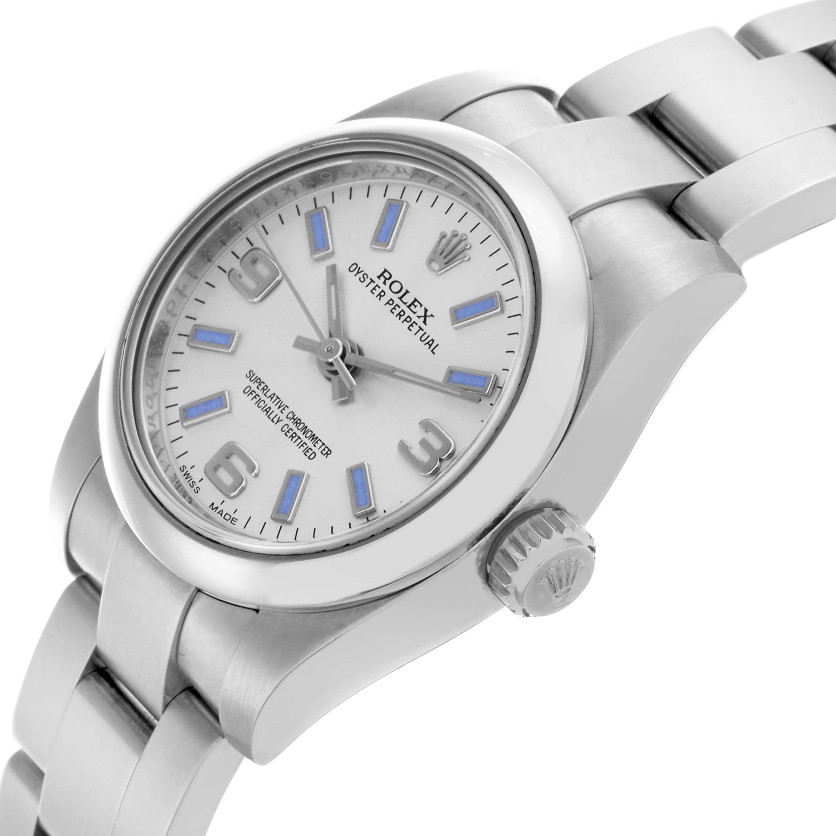 The Rolex Oyster Perpetual 176200 Women's Stainless Steel Silver Dial 176200 Women's Stainless Steel Silver Dial watch is shown at a side angle, highlighting the dial, bezel, crown, and part of the bracelet.